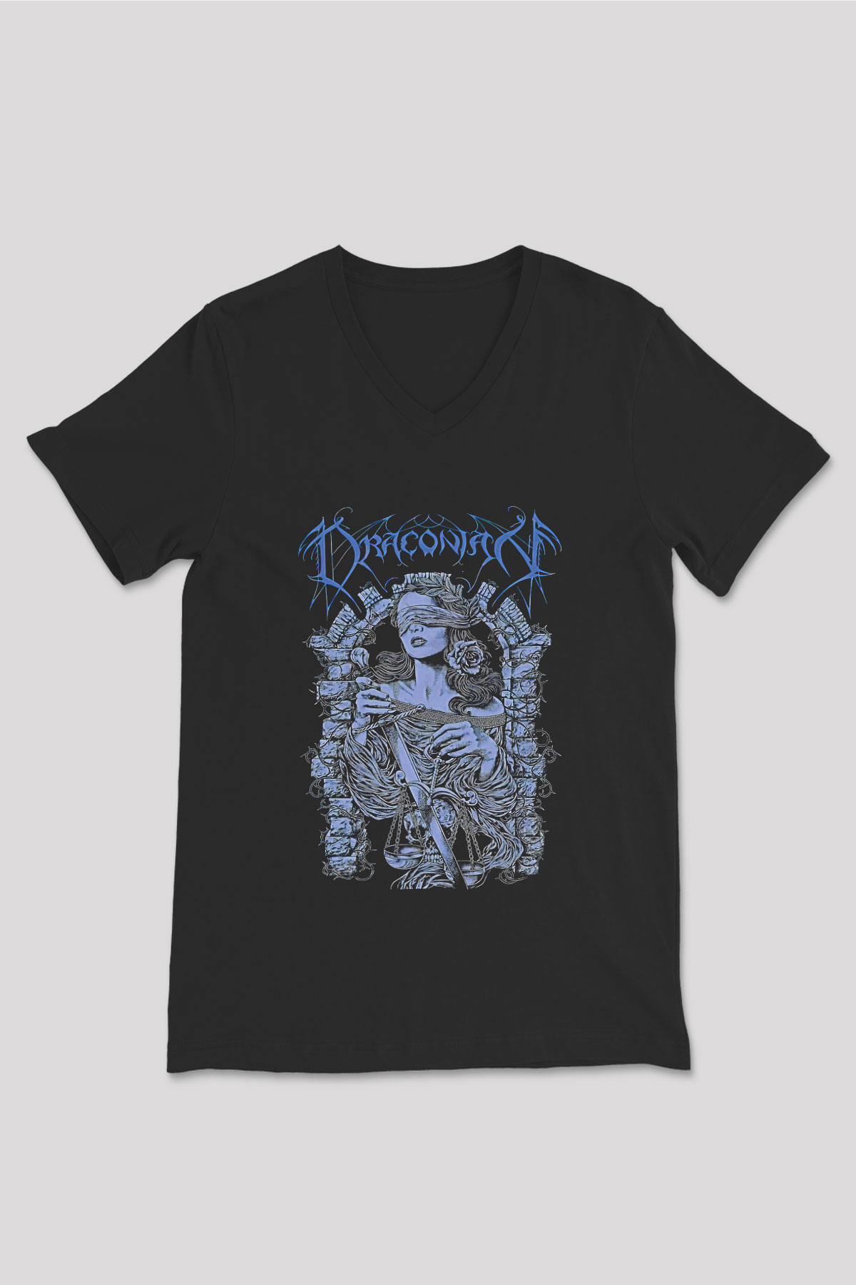 Draconian Baskılı Unisex Siyah V Yaka Tişört - Tshirt
