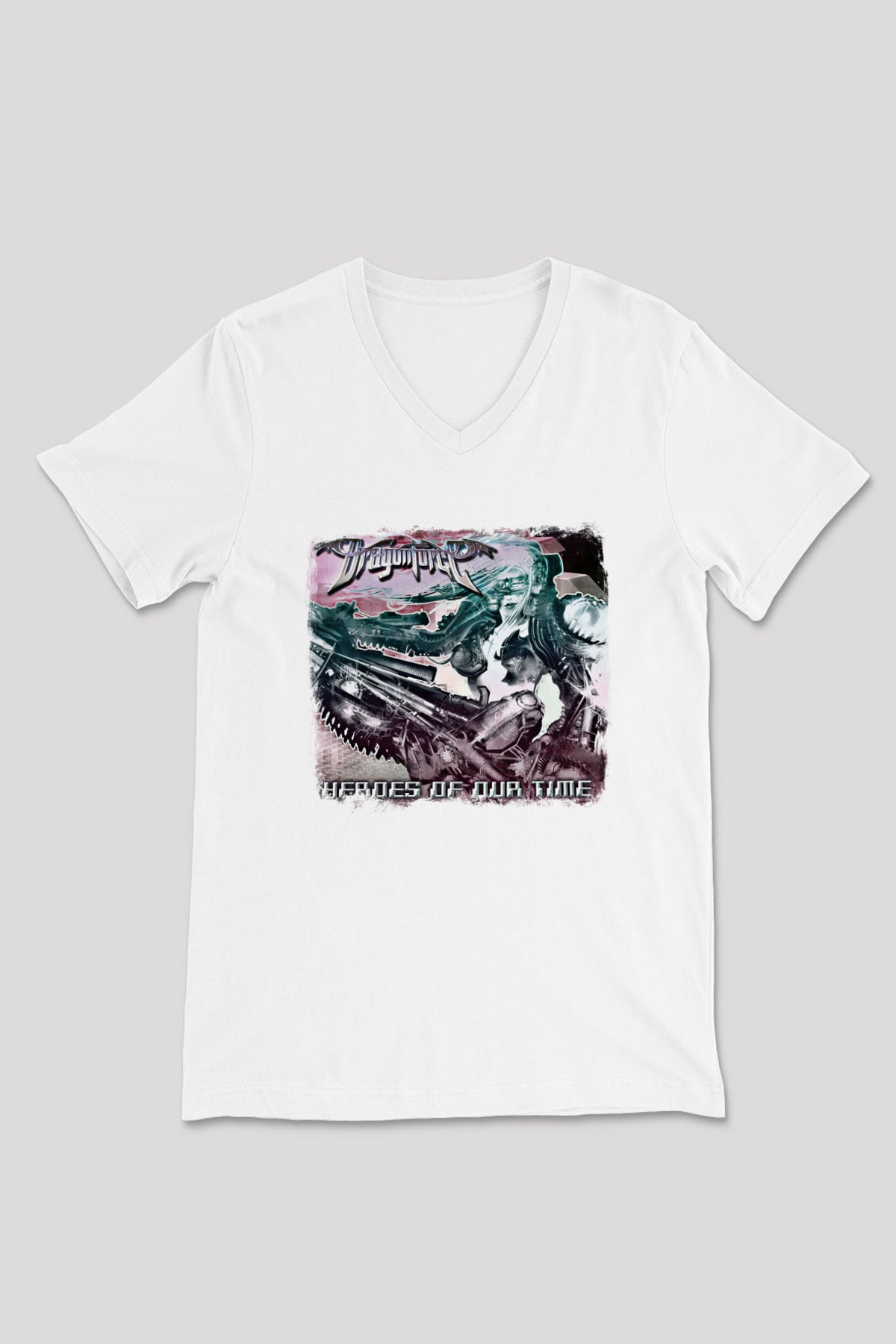 Dragon Force Baskılı Unisex Beyaz V Yaka Tişört