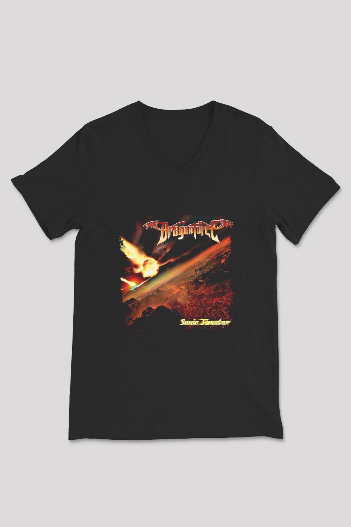 Dragon Force Baskılı Unisex Siyah V Yaka Tişört