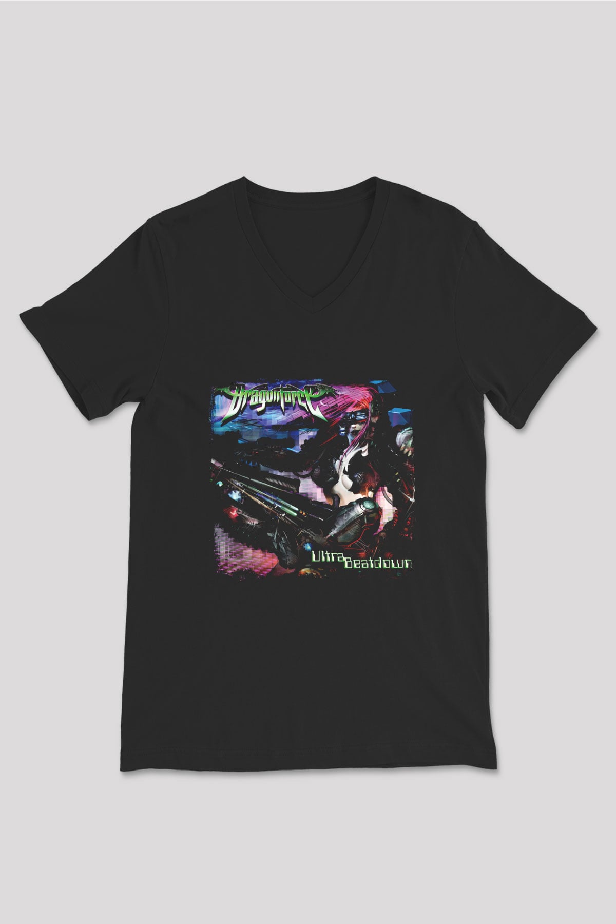 Dragon Force Baskılı Unisex Siyah V Yaka Tişört