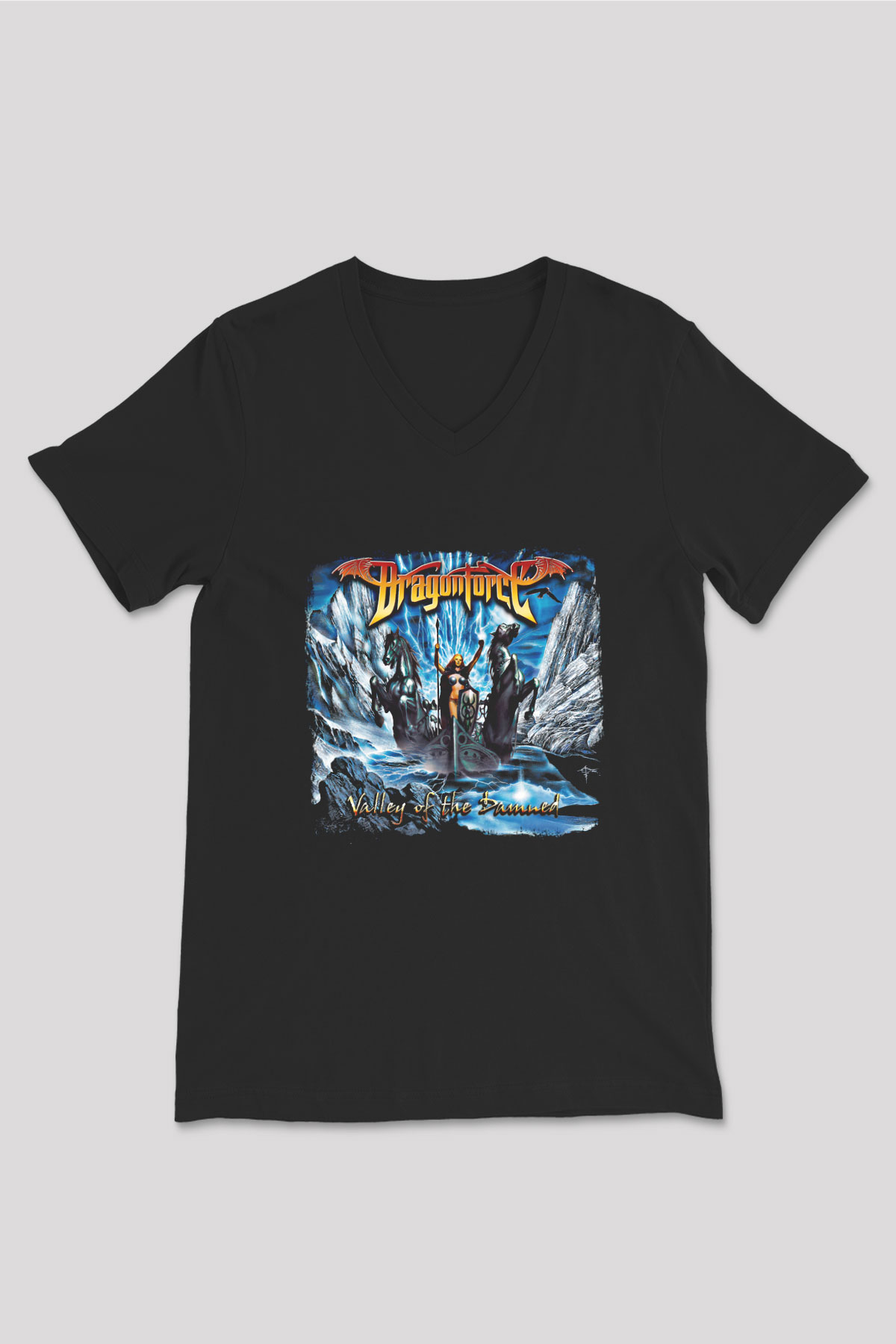 Dragon Force Baskılı Unisex Siyah V Yaka Tişört