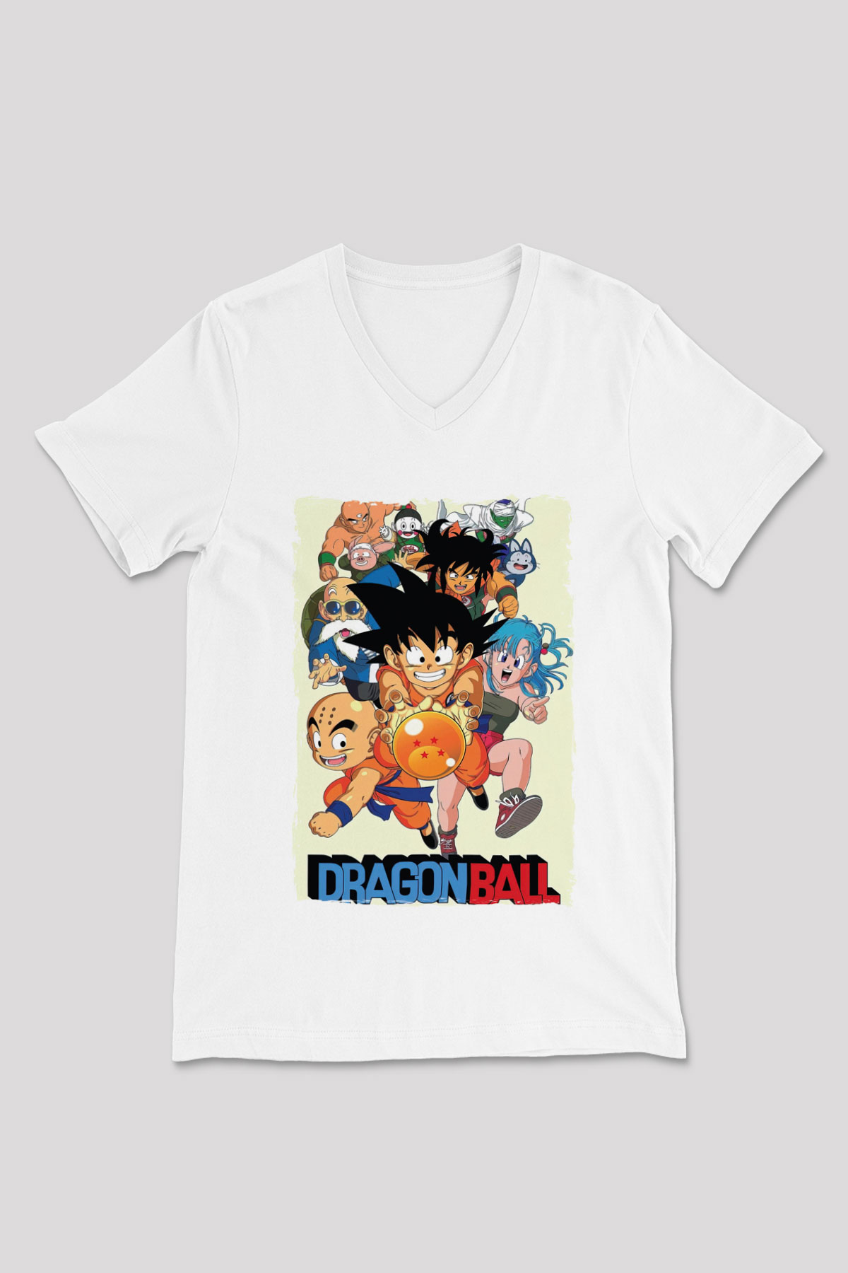 Dragonball Beyaz Unisex V Yaka Tişört