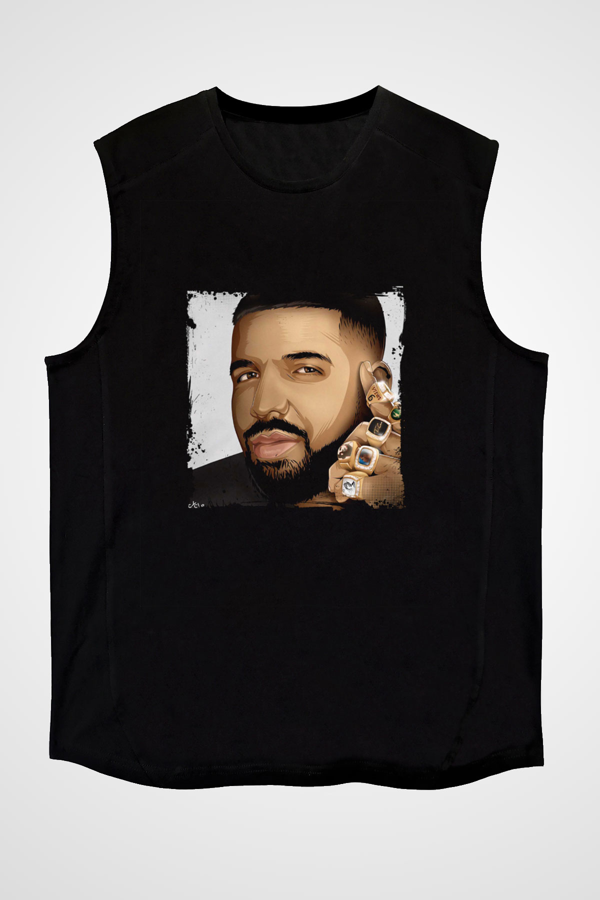 Drake Baskılı Unisex Siyah Kolsuz Tişört