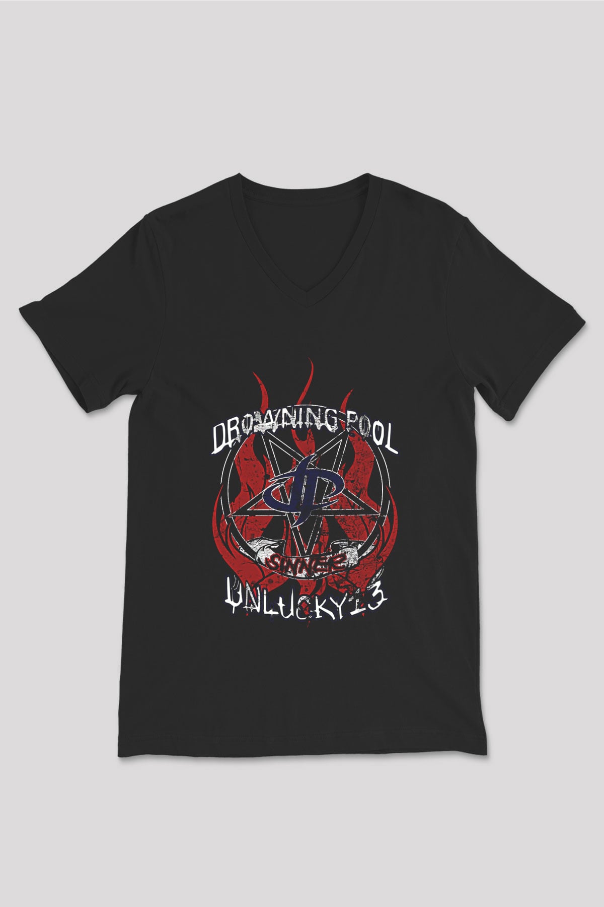 Drowning Pool Baskılı Unisex Siyah V Yaka Tişört - Tshirt