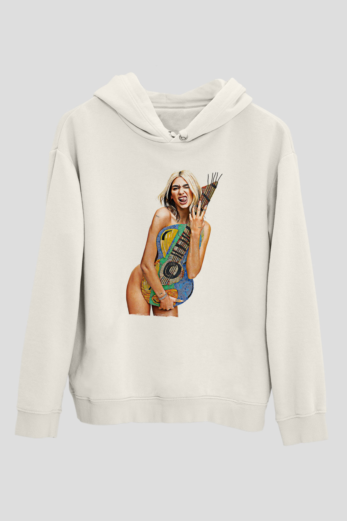 Dua Lipa Baskılı Beyaz Unisex Kapüşonlu Sweatshirt