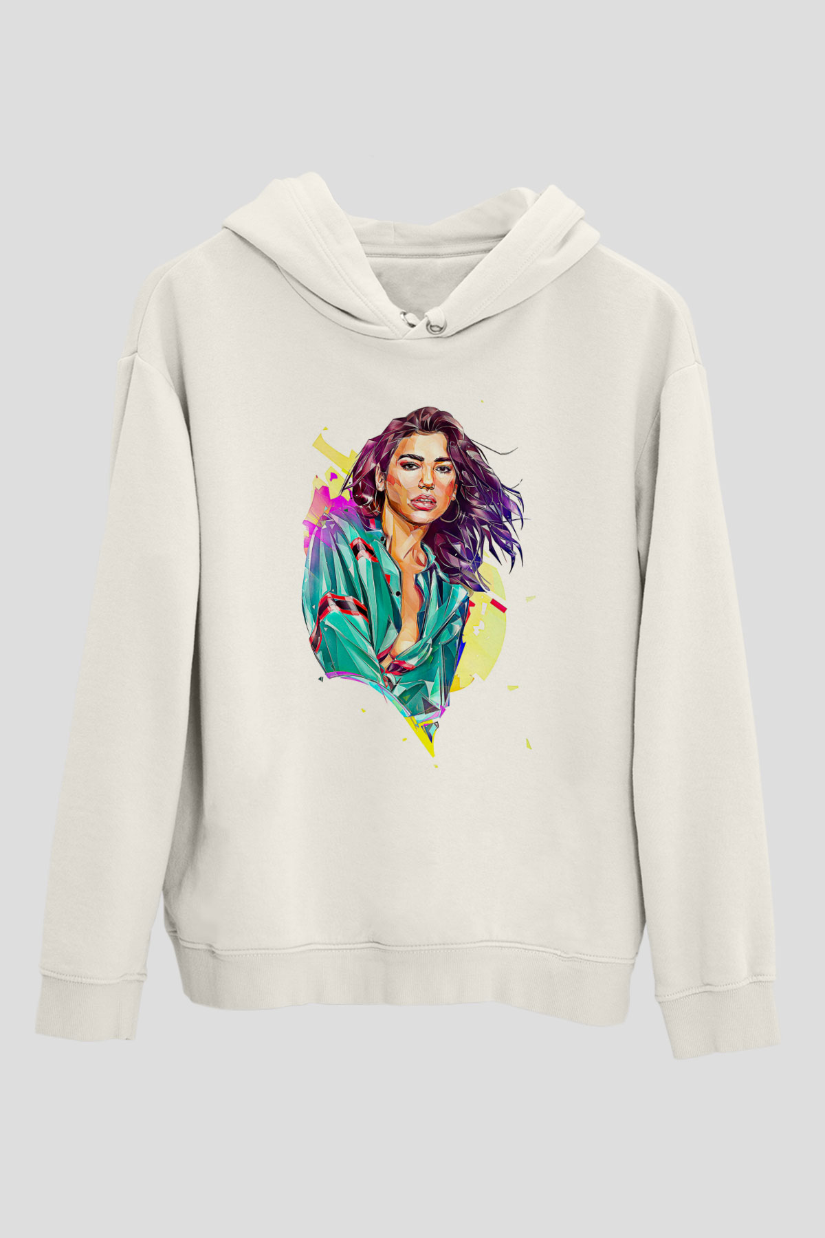 Dua Lipa Baskılı Beyaz Unisex Kapüşonlu Sweatshirt