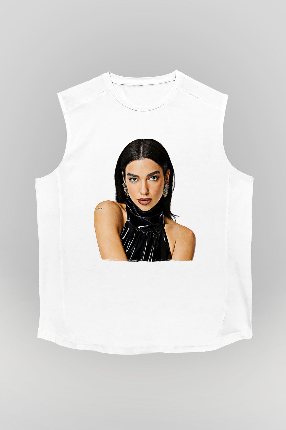 Dua Lipa Baskılı Beyaz Unisex Kolsuz Tişört - Tshirt