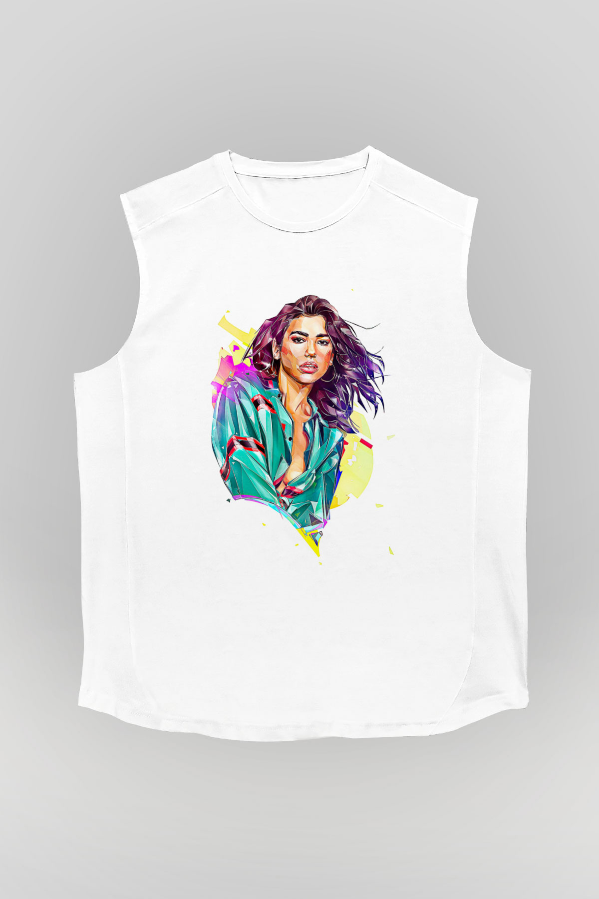Dua Lipa Baskılı Beyaz Unisex Kolsuz Tişört - Tshirt