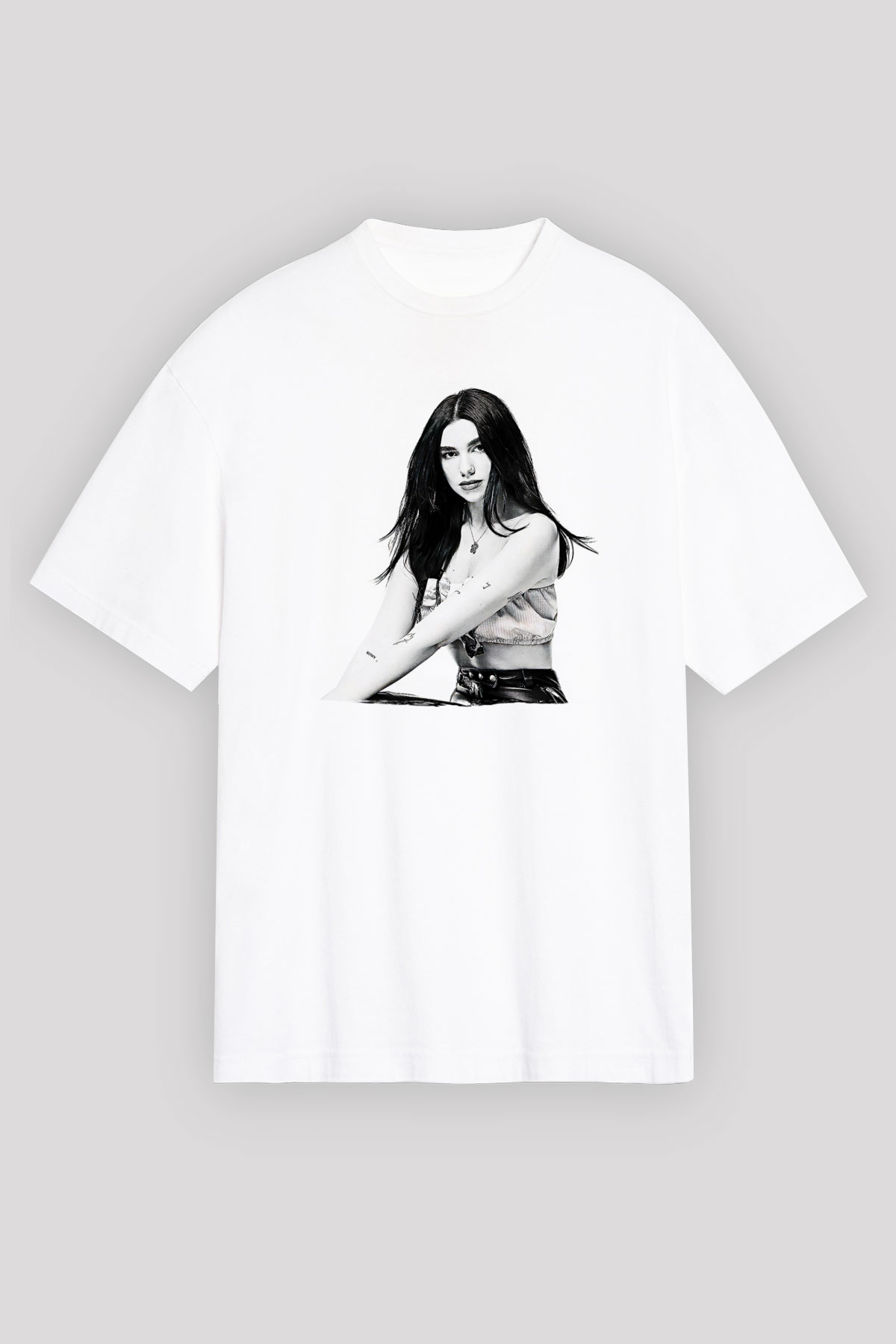 Dua Lipa Baskılı Beyaz Unisex Oversize Tişört - Tshirt