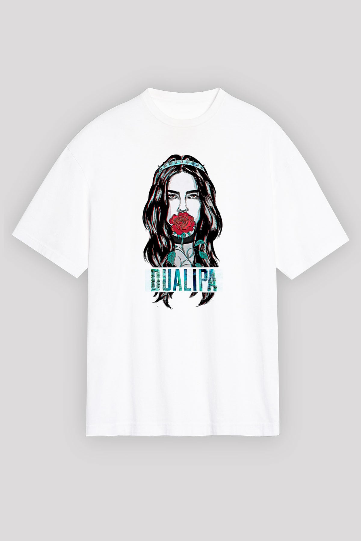 Dua Lipa Baskılı Beyaz Unisex Oversize Tişört - Tshirt