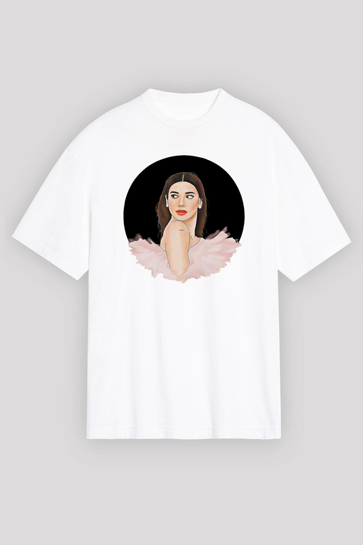 Dua Lipa Baskılı Beyaz Unisex Oversize Tişört - Tshirt