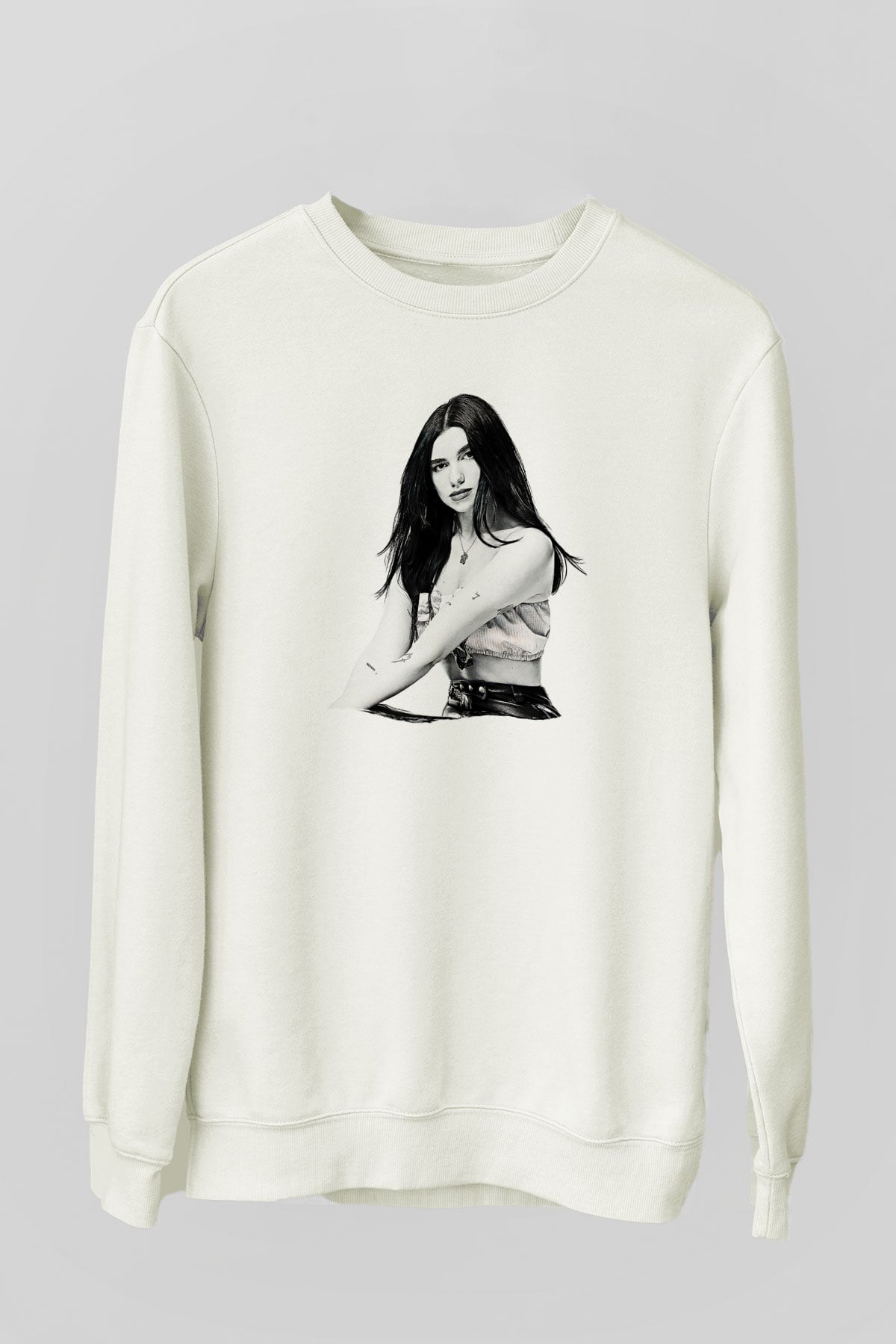 Dua Lipa Baskılı Beyaz Unisex Sweatshirt