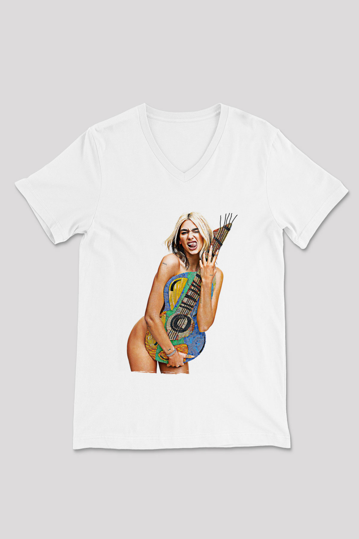 Dua Lipa Baskılı Beyaz Unisex V Yaka Tişört - Tshirt