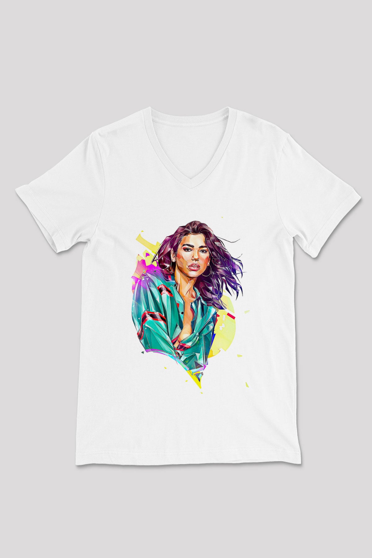 Dua Lipa Baskılı Beyaz Unisex V Yaka Tişört - Tshirt