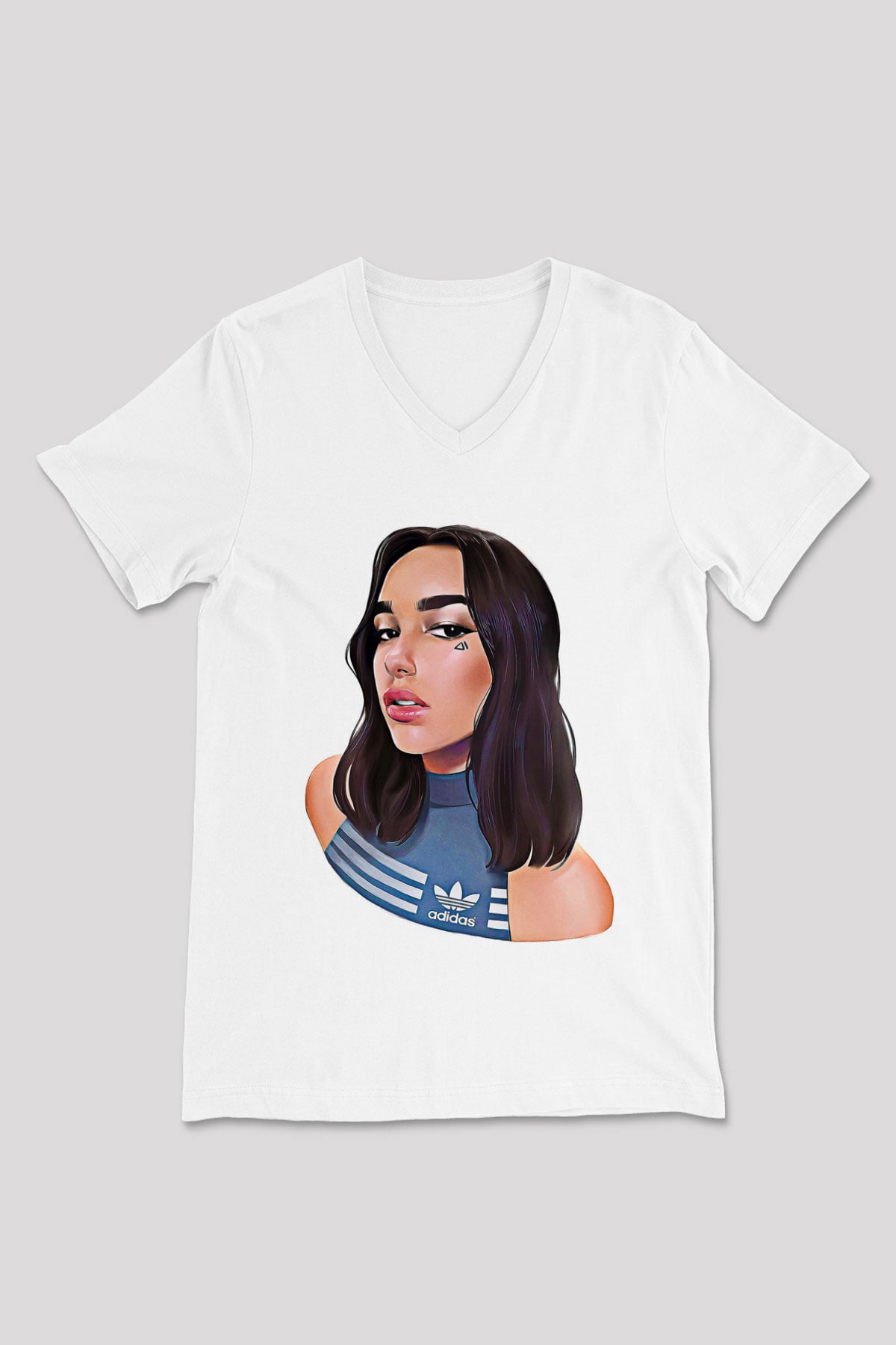 Dua Lipa Baskılı Beyaz Unisex V Yaka Tişört - Tshirt