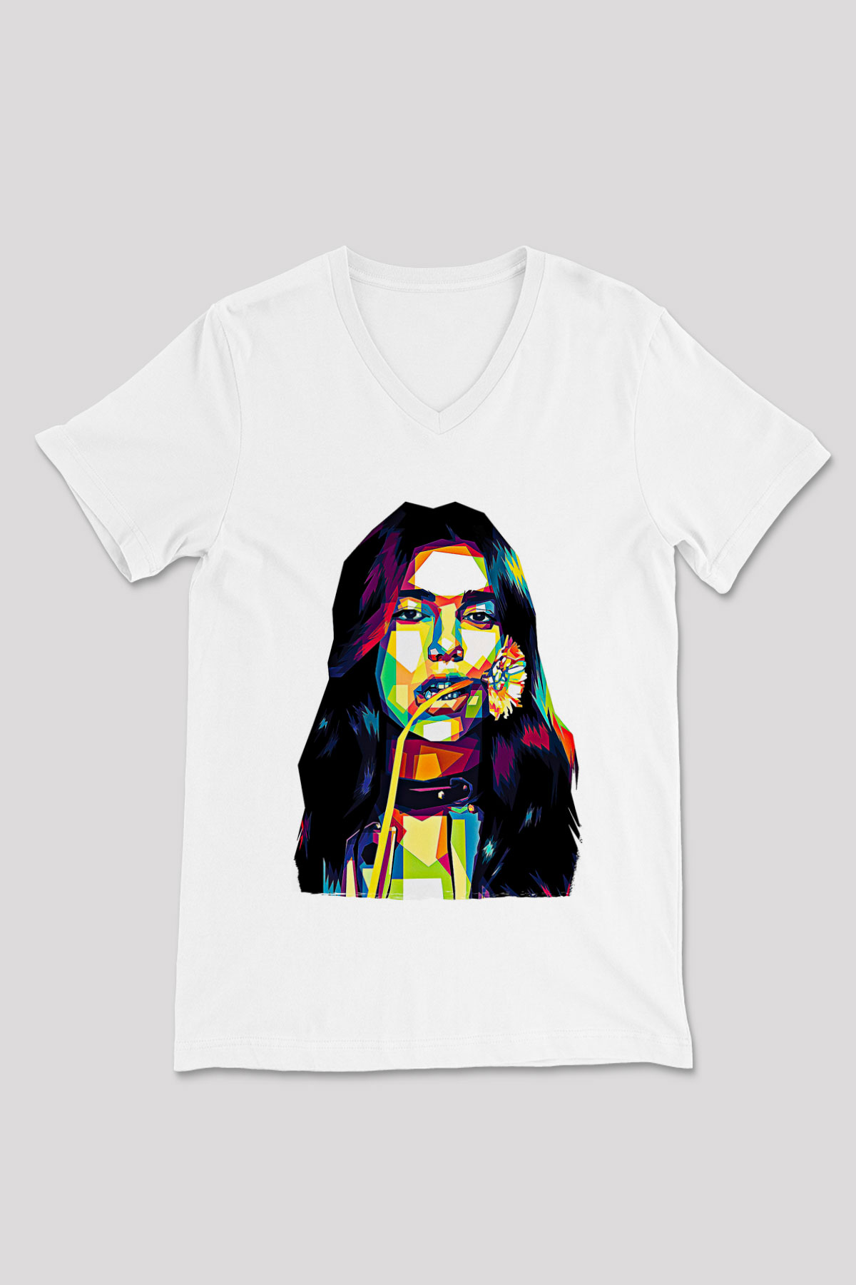 Dua Lipa Baskılı Beyaz Unisex V Yaka Tişört - Tshirt