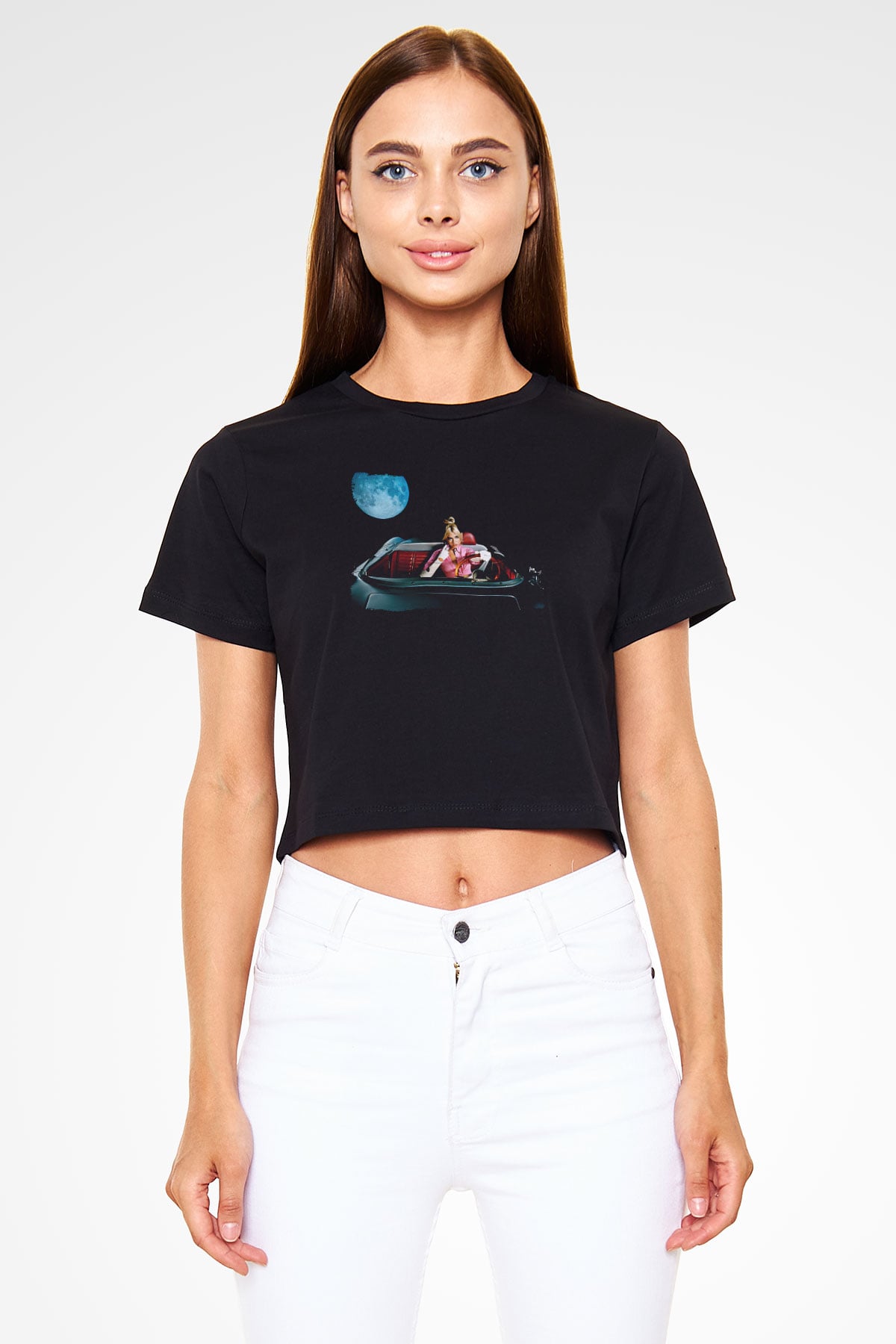 Dua Lipa Baskılı Siyah Crop Top Kadın Tişört - Tshirt
