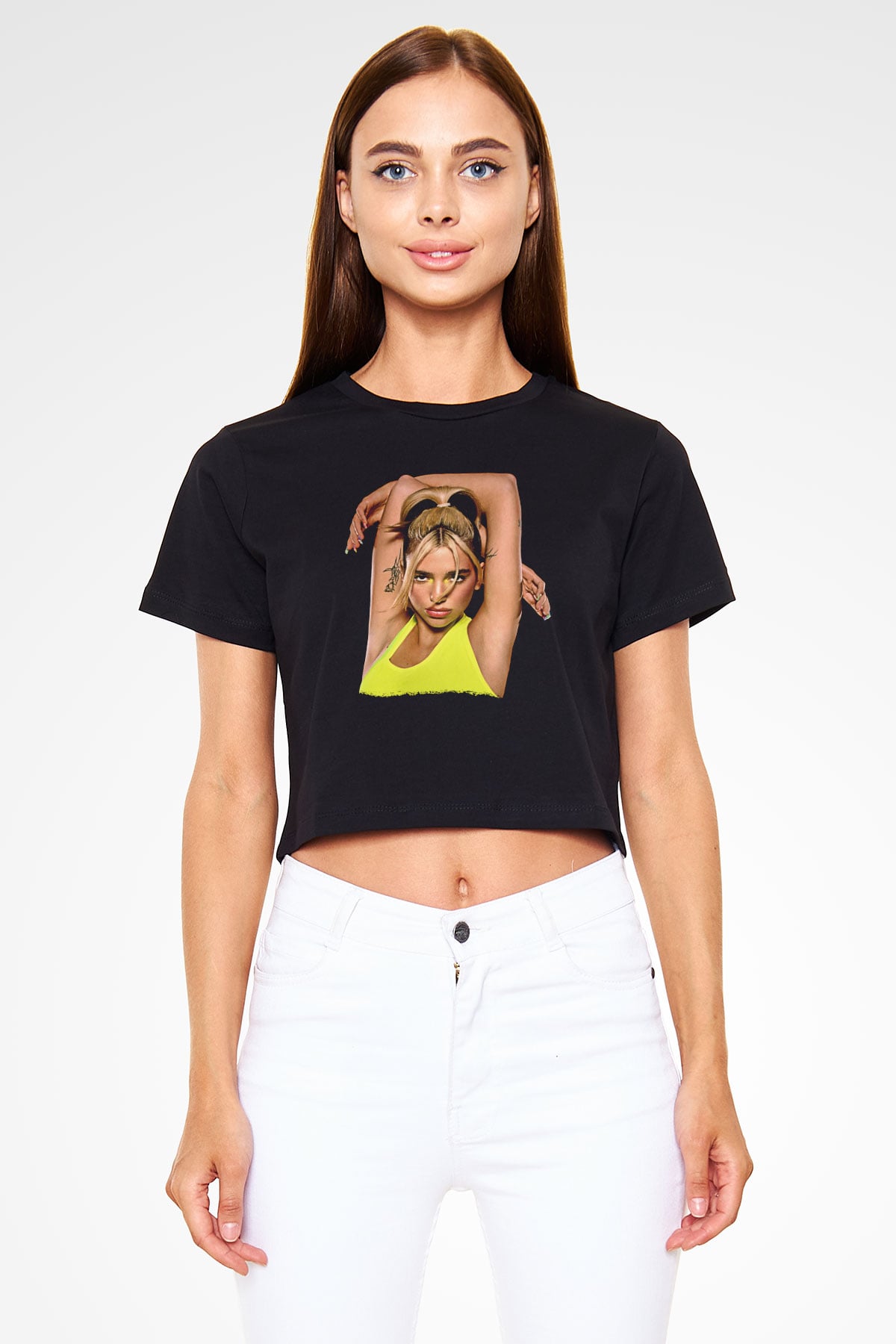 Dua Lipa Baskılı Siyah Crop Top Kadın Tişört - Tshirt
