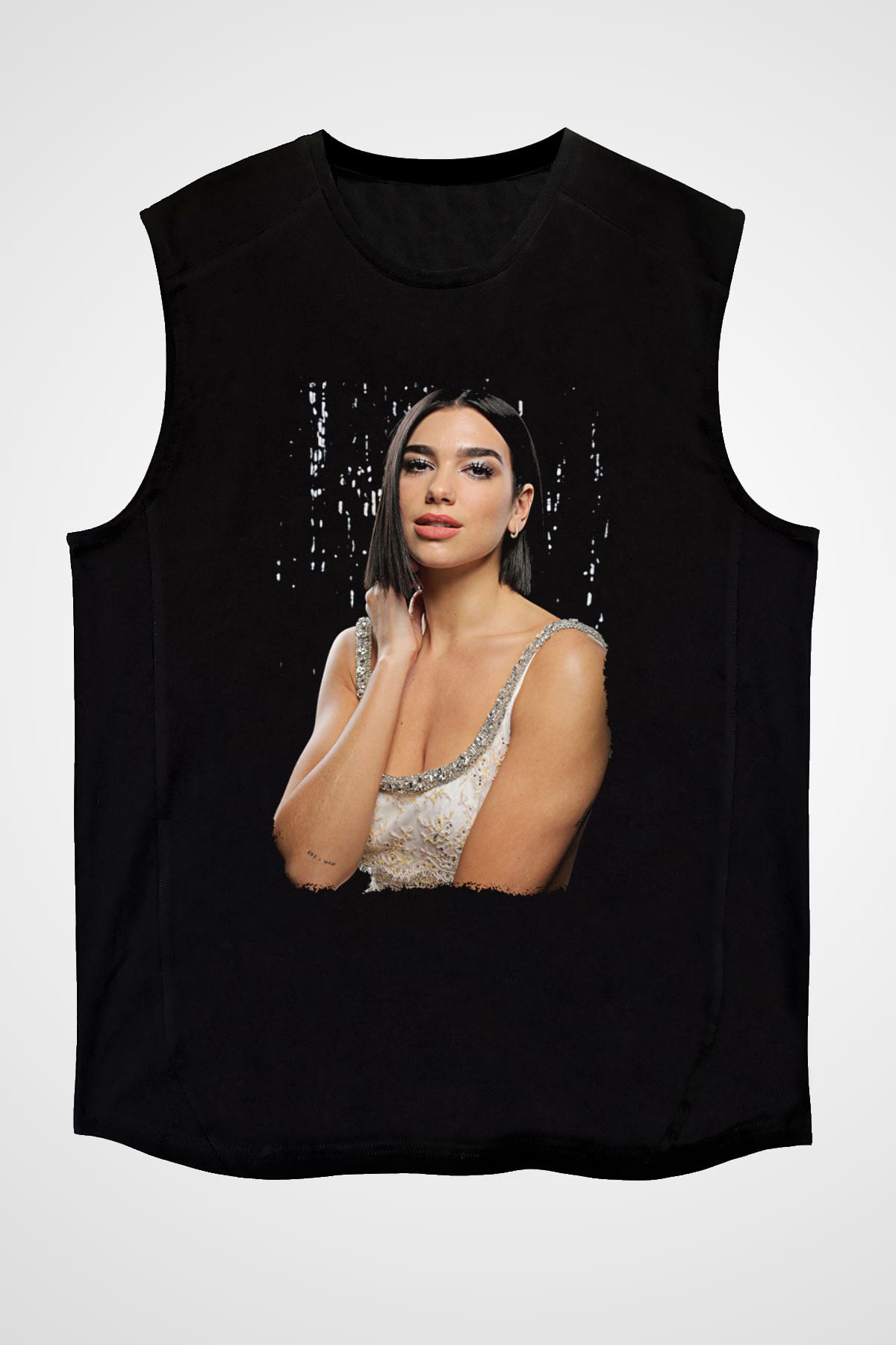 Dua Lipa Baskılı Unisex Siyah Kolsuz Tişört - Tshirt