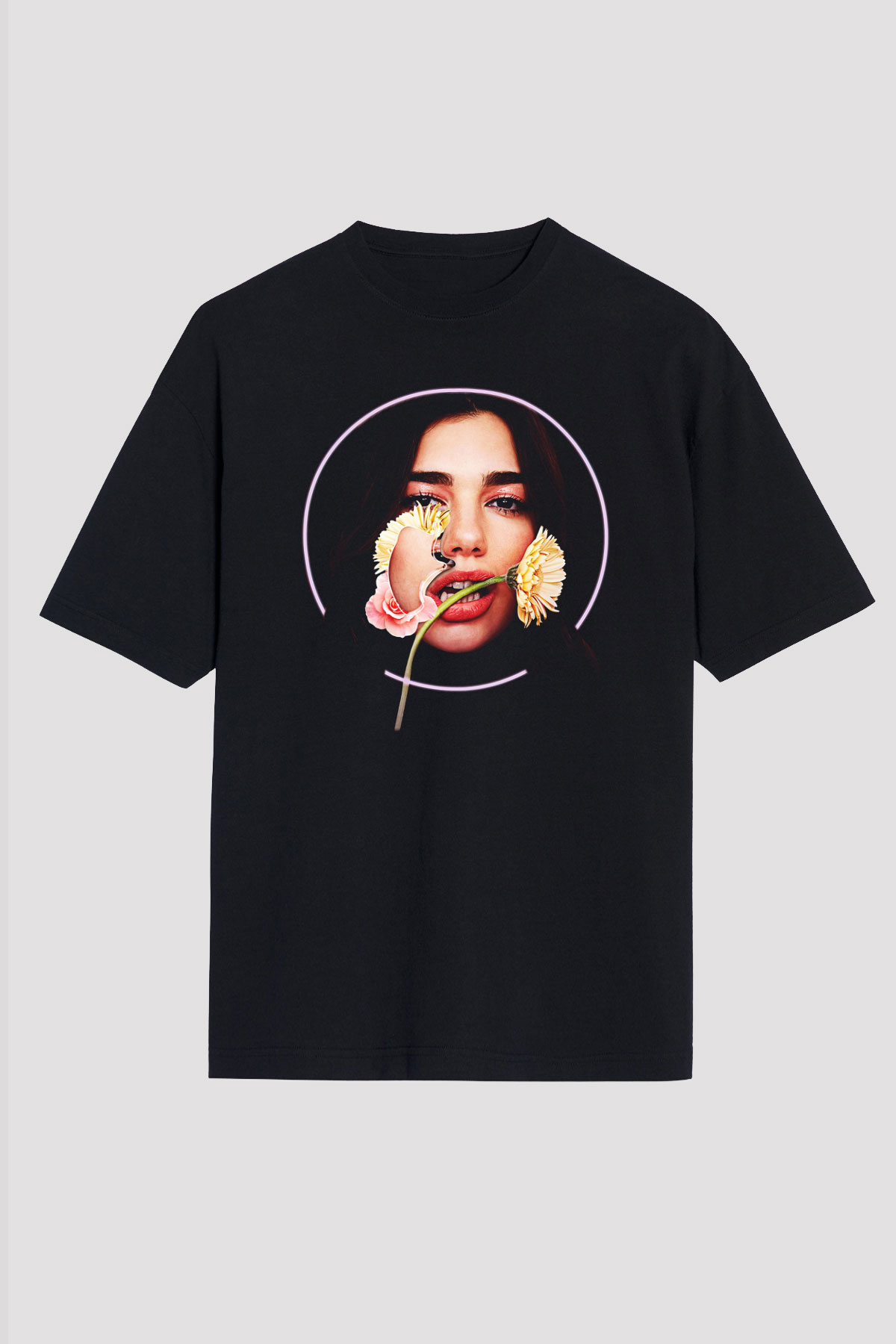 Dua Lipa Baskılı Unisex Siyah Oversize Tişört - Tshirt