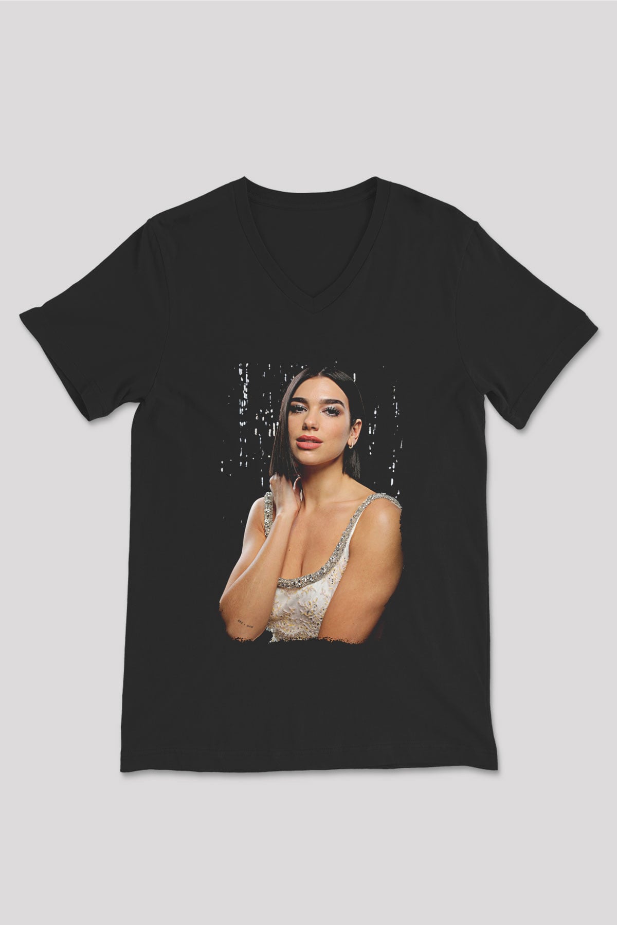 Dua Lipa Baskılı Unisex Siyah V Yaka Tişört - Tshirt