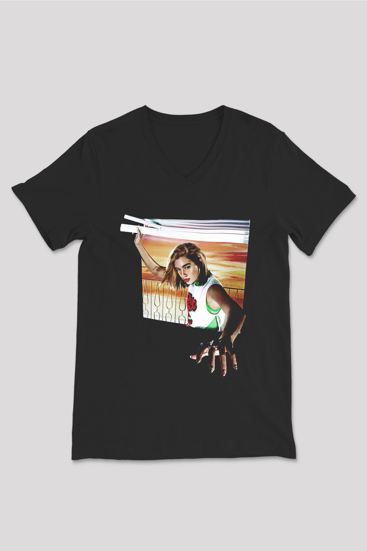 Dua Lipa Baskılı Unisex Siyah V Yaka Tişört - Tshirt