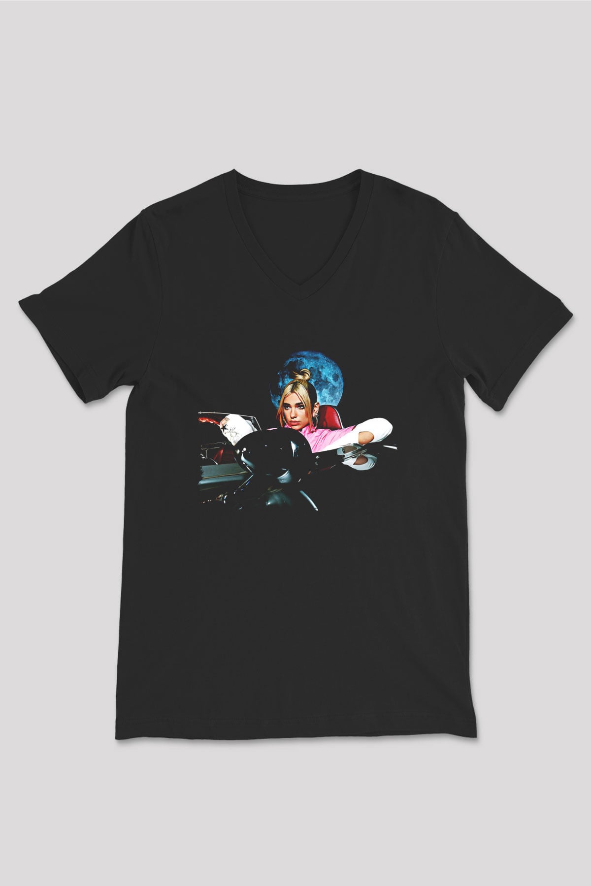 Dua Lipa Baskılı Unisex Siyah V Yaka Tişört - Tshirt