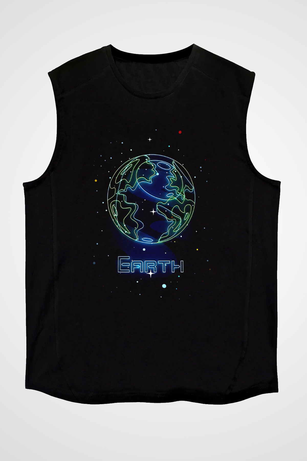 Dünya Çizim Baskılı Unisex Kolsuz Siyah Tişört - Tshirt