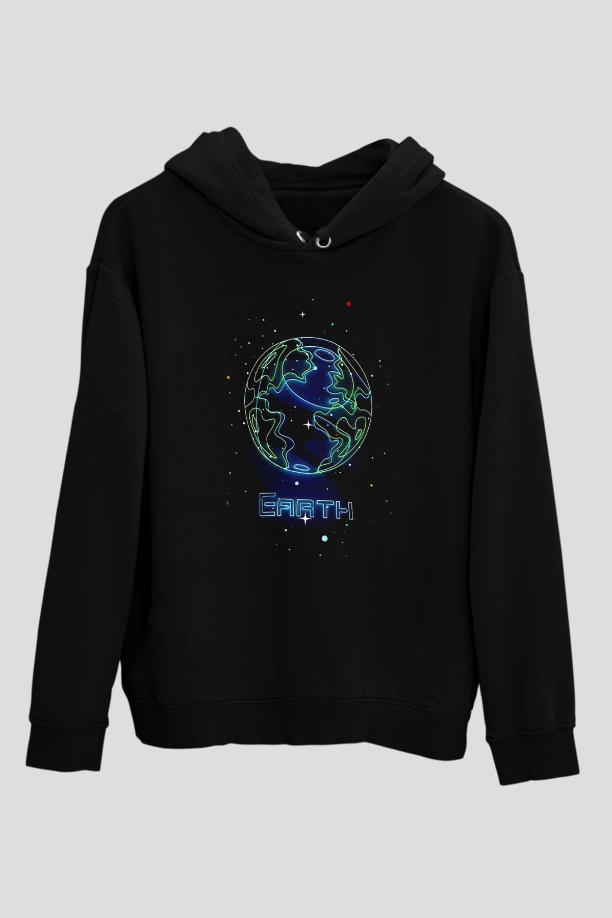 Dünya Çizim Baskılı Unisex Siyah Hoodie