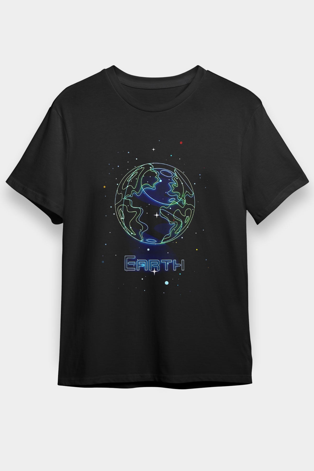 Dünya Çizim Baskılı Unisex Siyah Tişört - Tshirt
