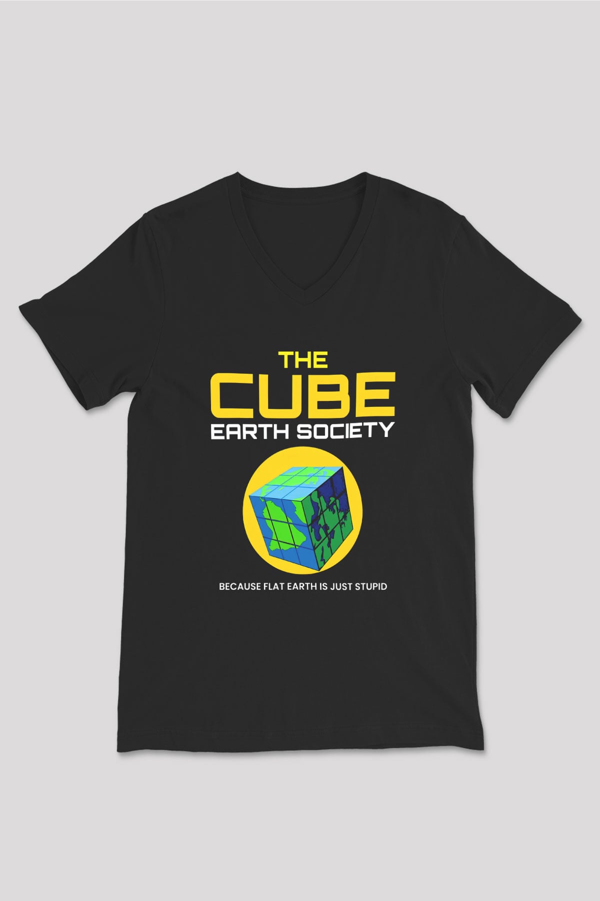 Dünya Küp Baskılı Unisex V Yaka Siyah Tİşört - Tshirt