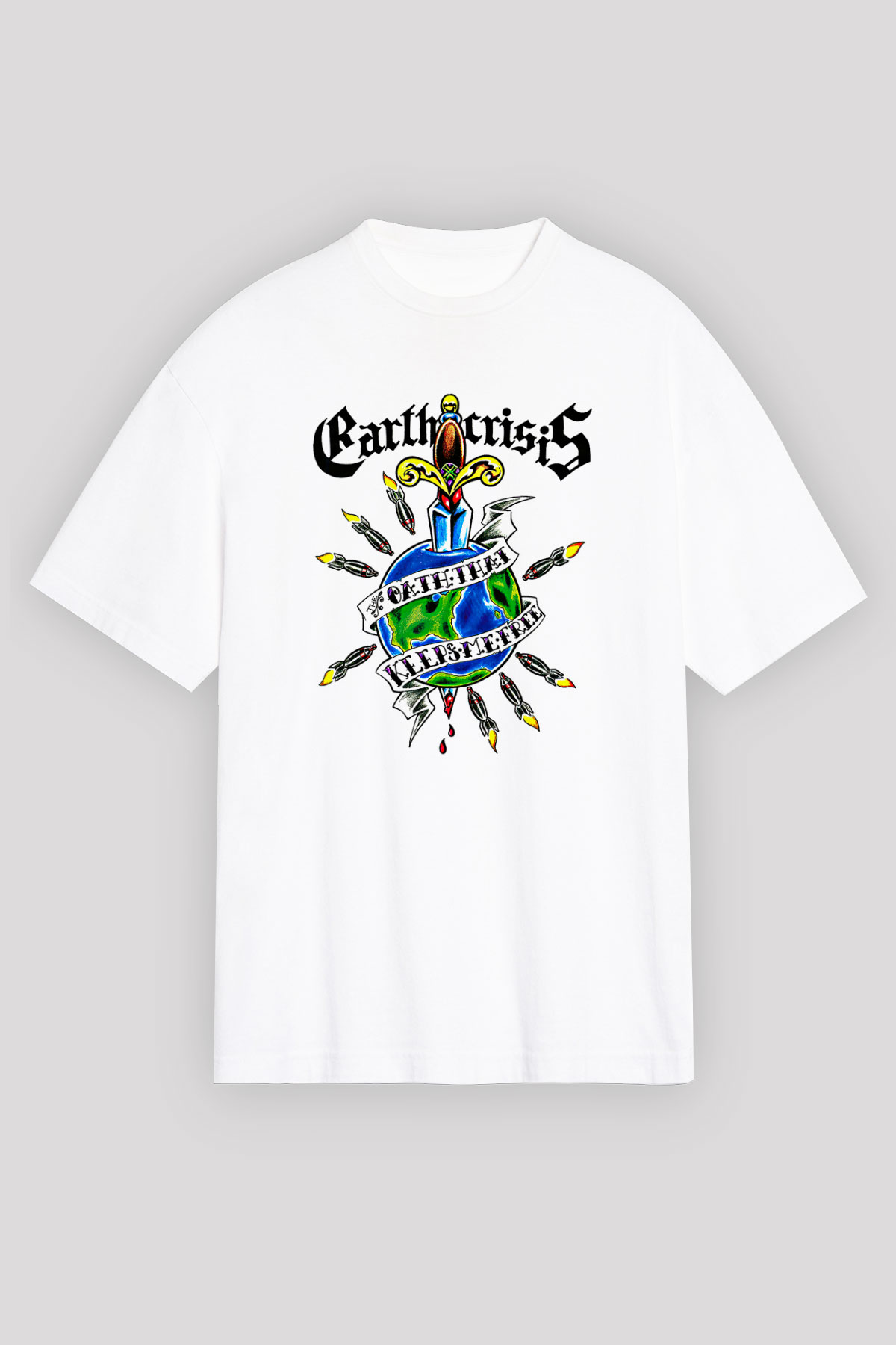 Earth Crisis Baskılı Beyaz Unisex Oversize Tişört - Tshirt