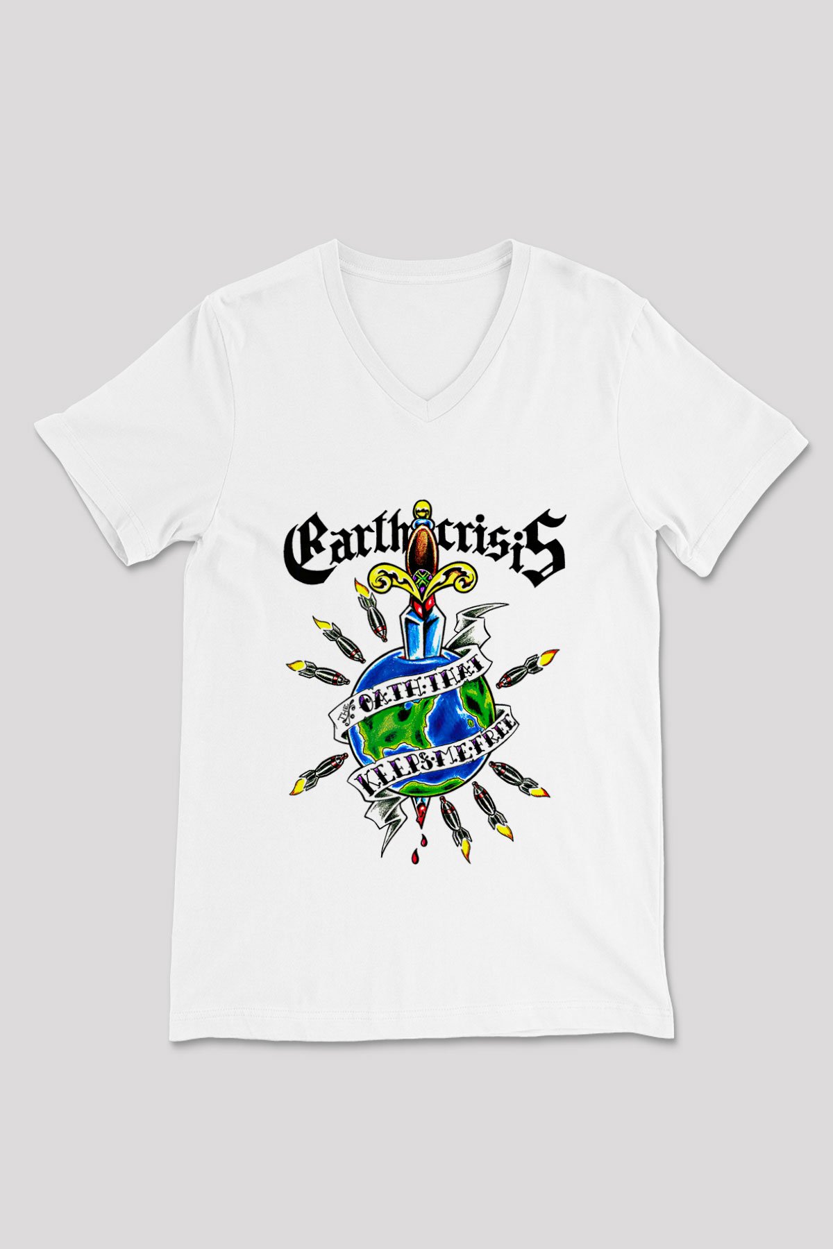 Earth Crisis Baskılı Beyaz Unisex V Yaka Tişört - Tshirt