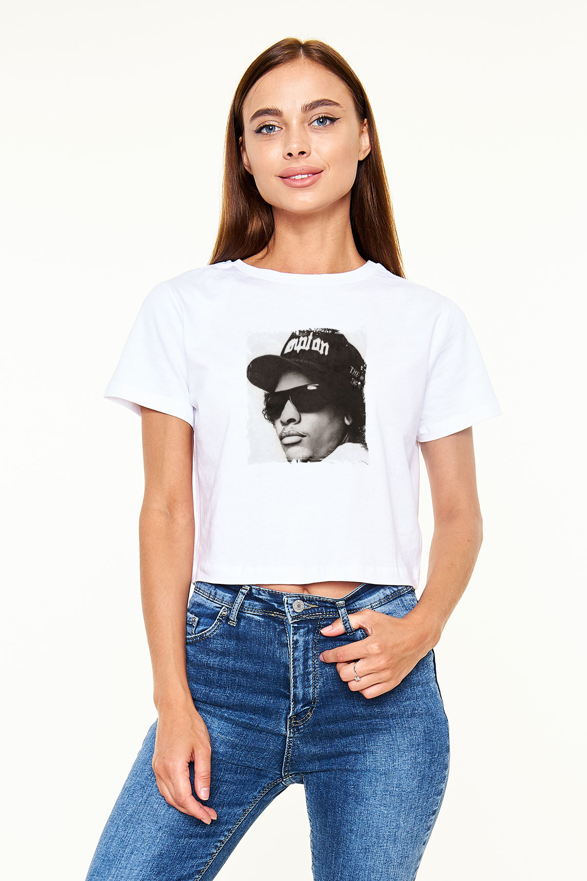 Eazy-E Baskılı Beyaz Kadın Crop Top Tişört
