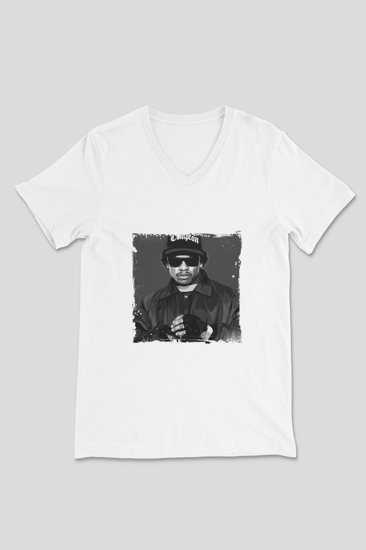 Eazy-E Baskılı Beyaz V Yaka Unisex Tişört