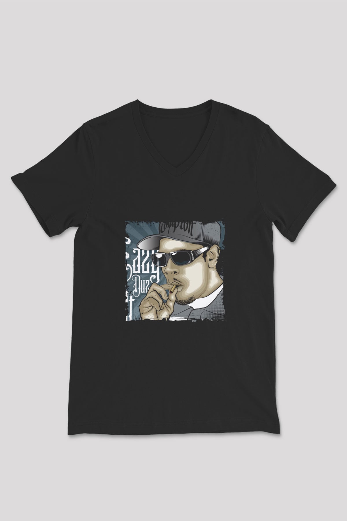 Eazy-E Baskılı Unisex Siyah V Yaka Tişört