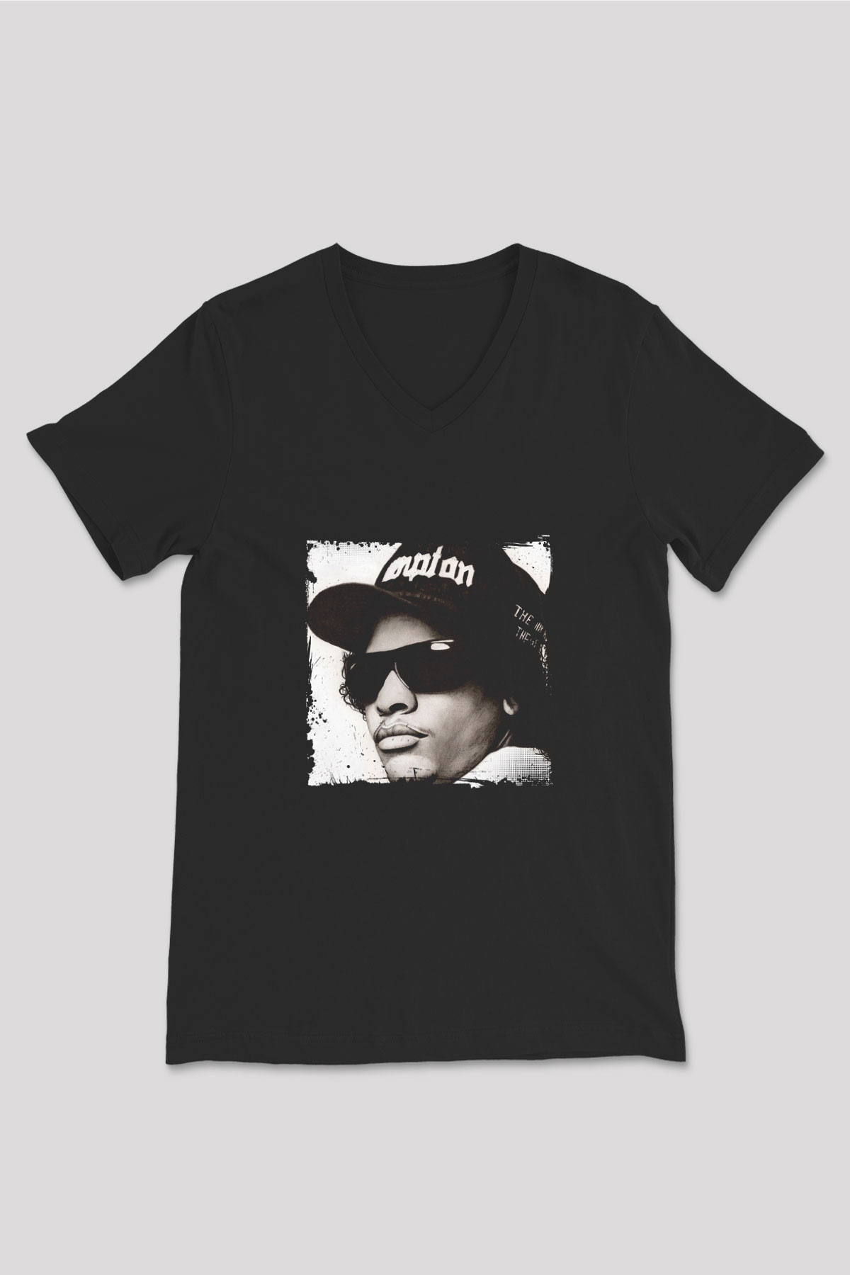 Eazy-E Baskılı Unisex Siyah V Yaka Tişört