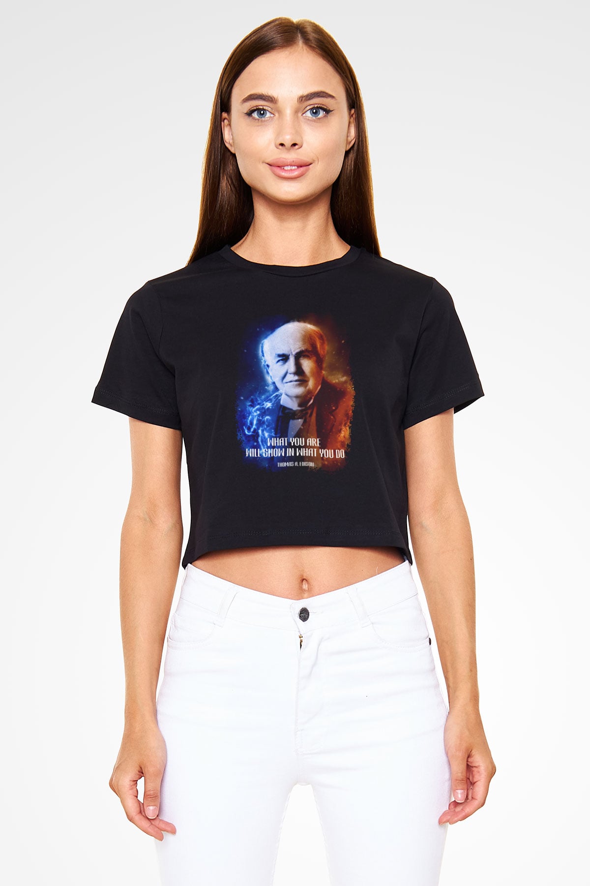 Edison Alıntı Baskılı Crop Top Kadın Tİşört - Tshirt