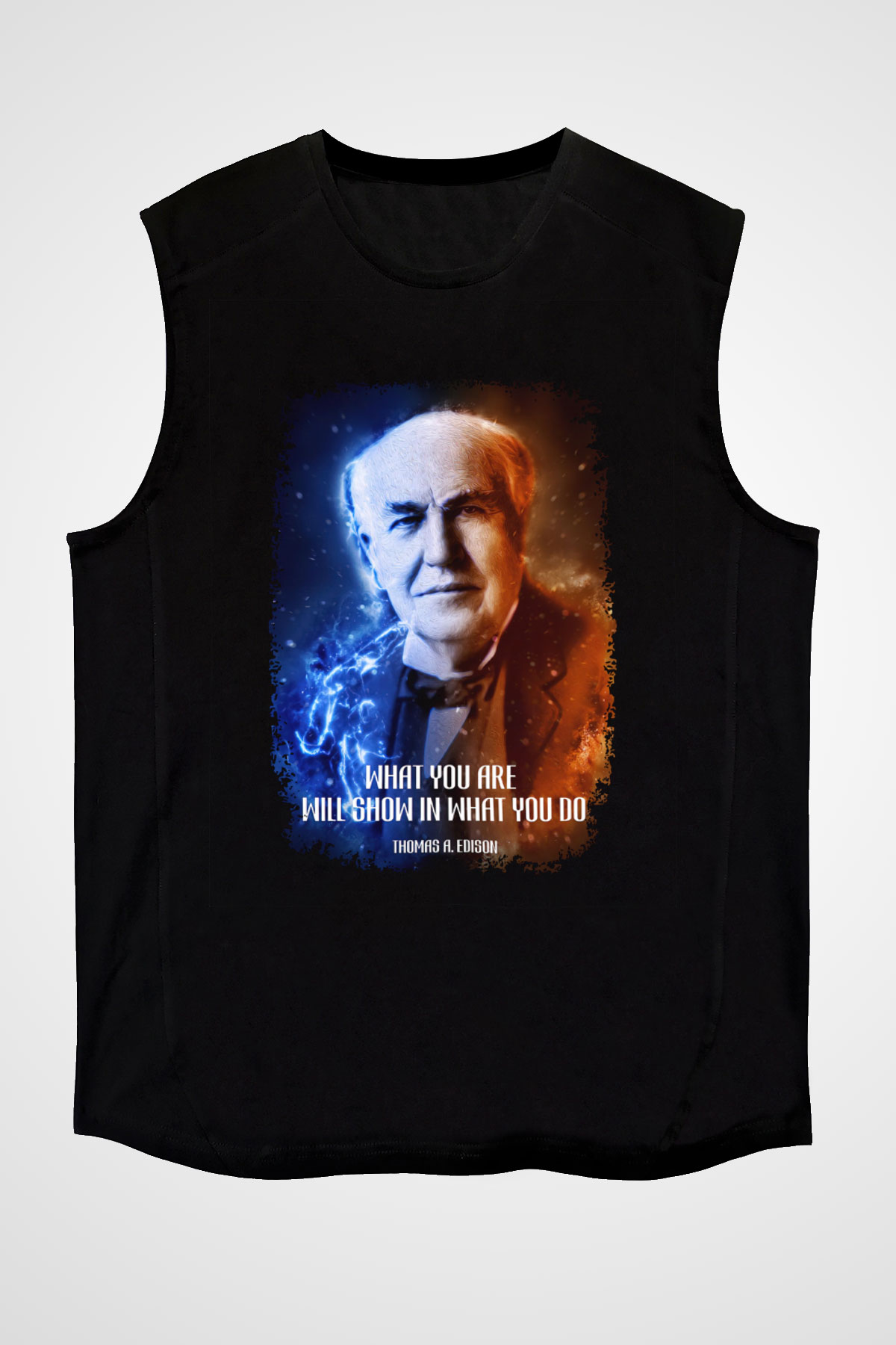 Edison Alıntı Baskılı Unisex Kolsuz Siyah Tişört - Tshirt