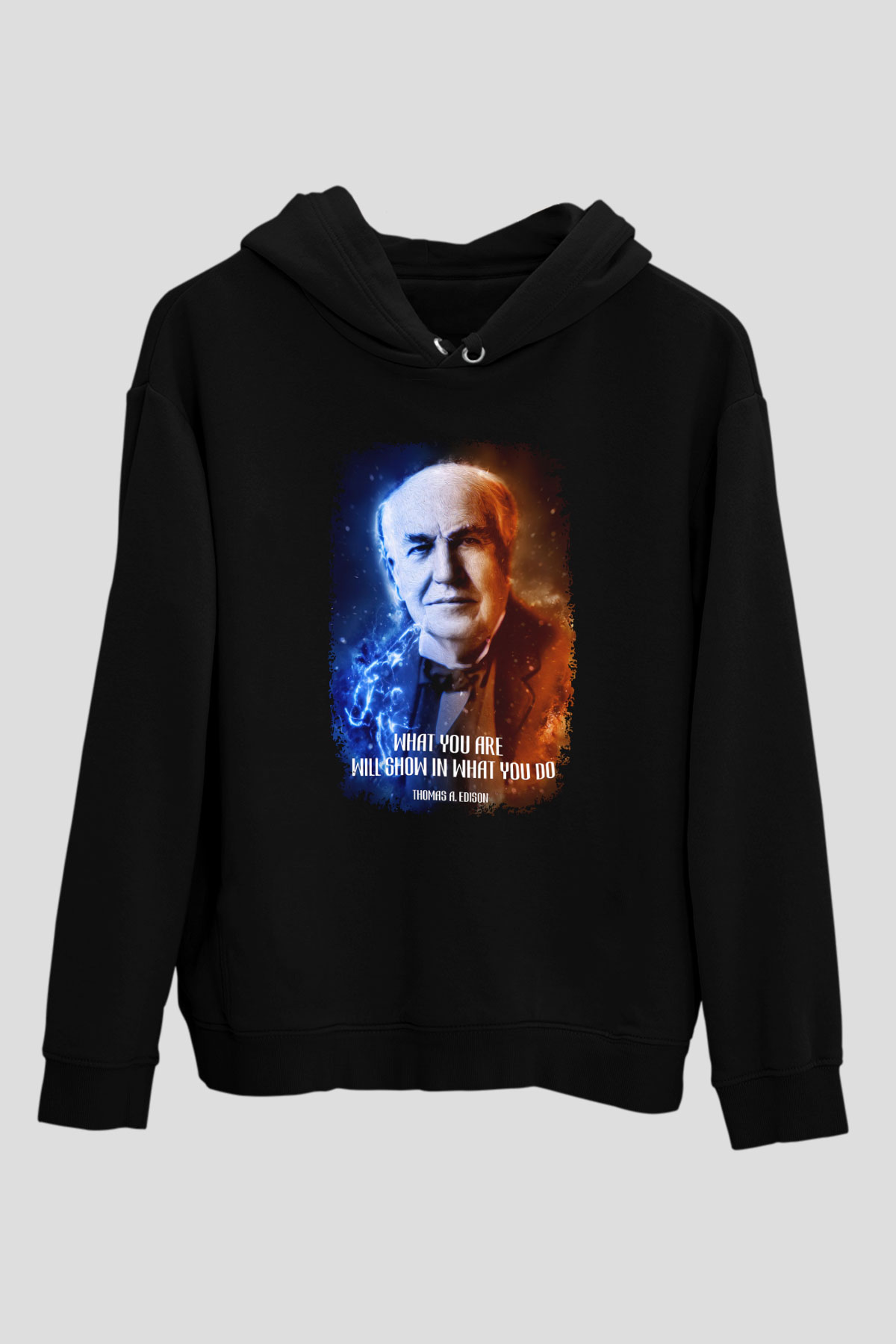 Edison Alıntı Baskılı Unisex Siyah Hoodie
