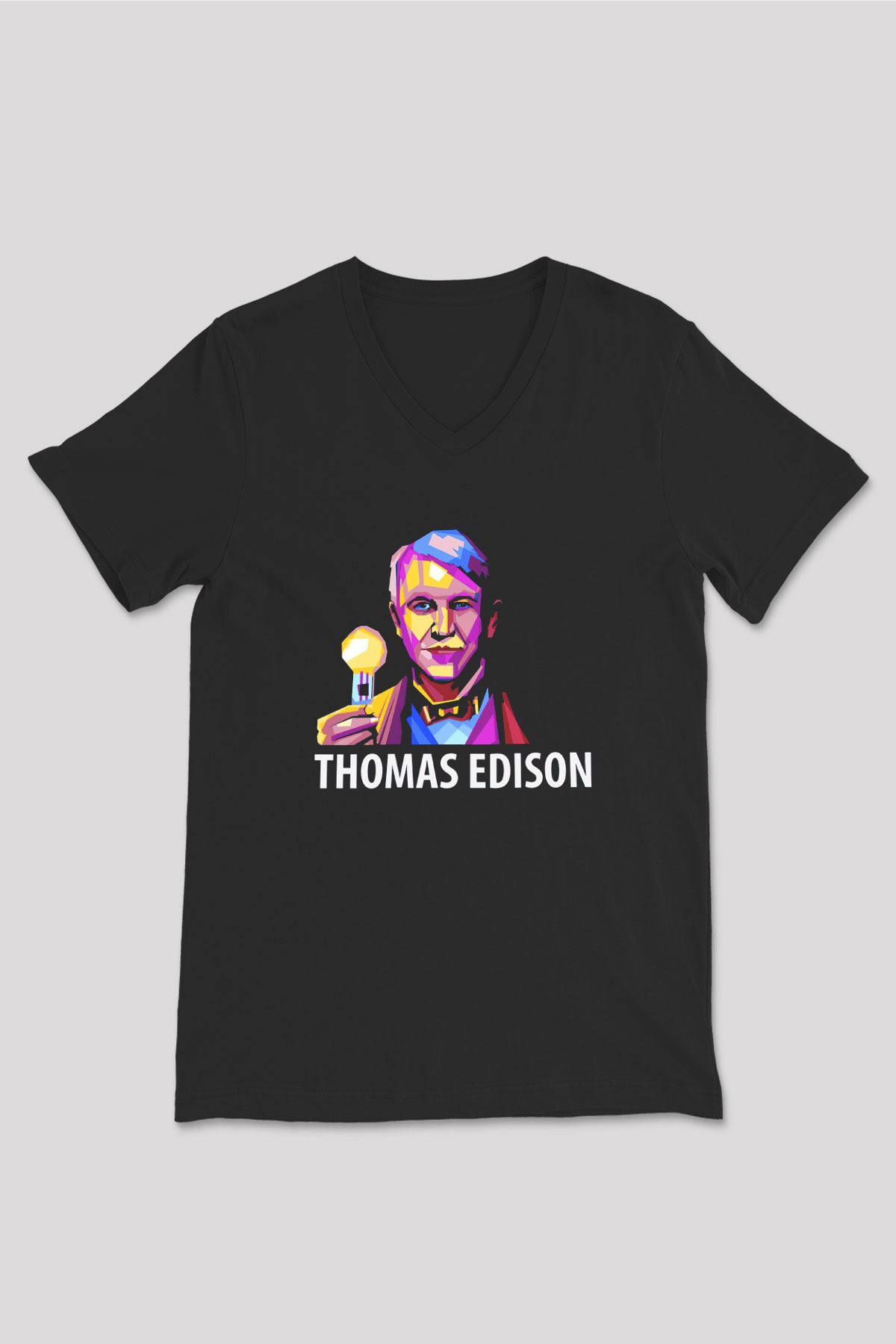 Edison Ampul Baskılı Unisex V Yaka Siyah Tİşört - Tshirt
