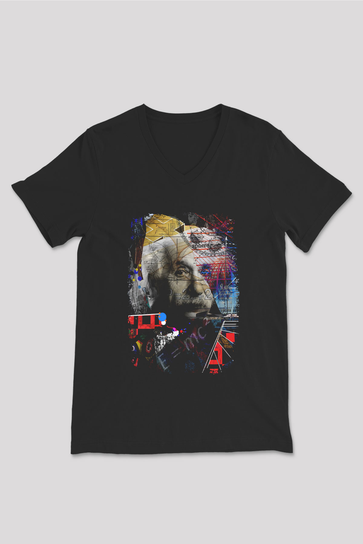 Einstein Pop Art Baskılı Unisex V Yaka Siyah Tİşört - Tshirt