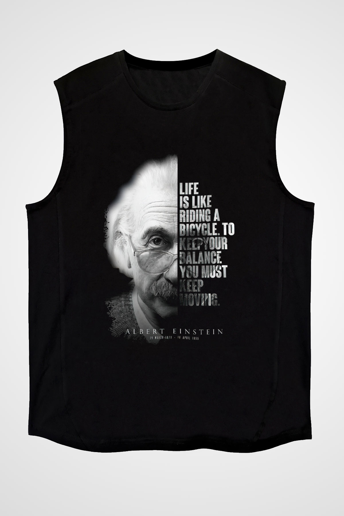Einstein Portre Lıntı Baskılı Unisex Kolsuz Siyah Tişört - Tshirt