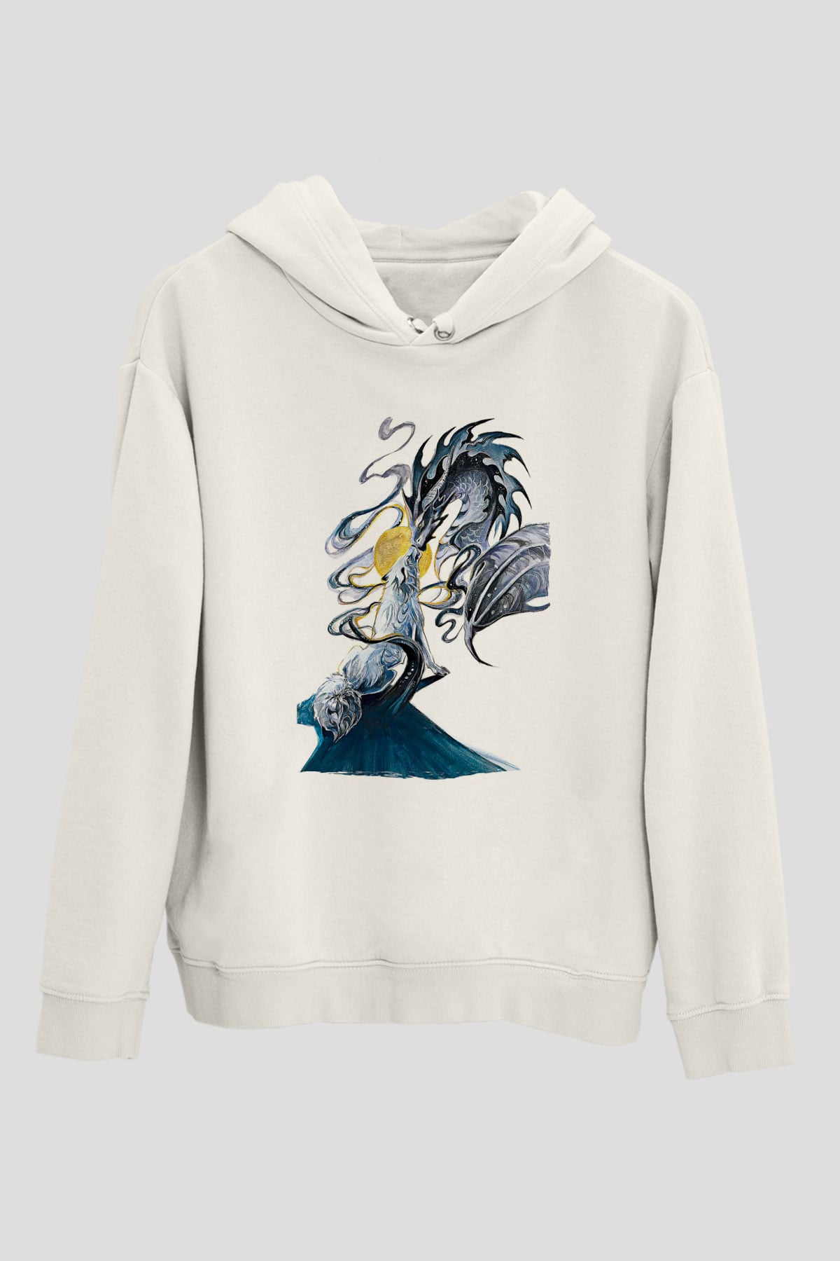 Ejderha Baskılı Beyaz Unisex Hoodie