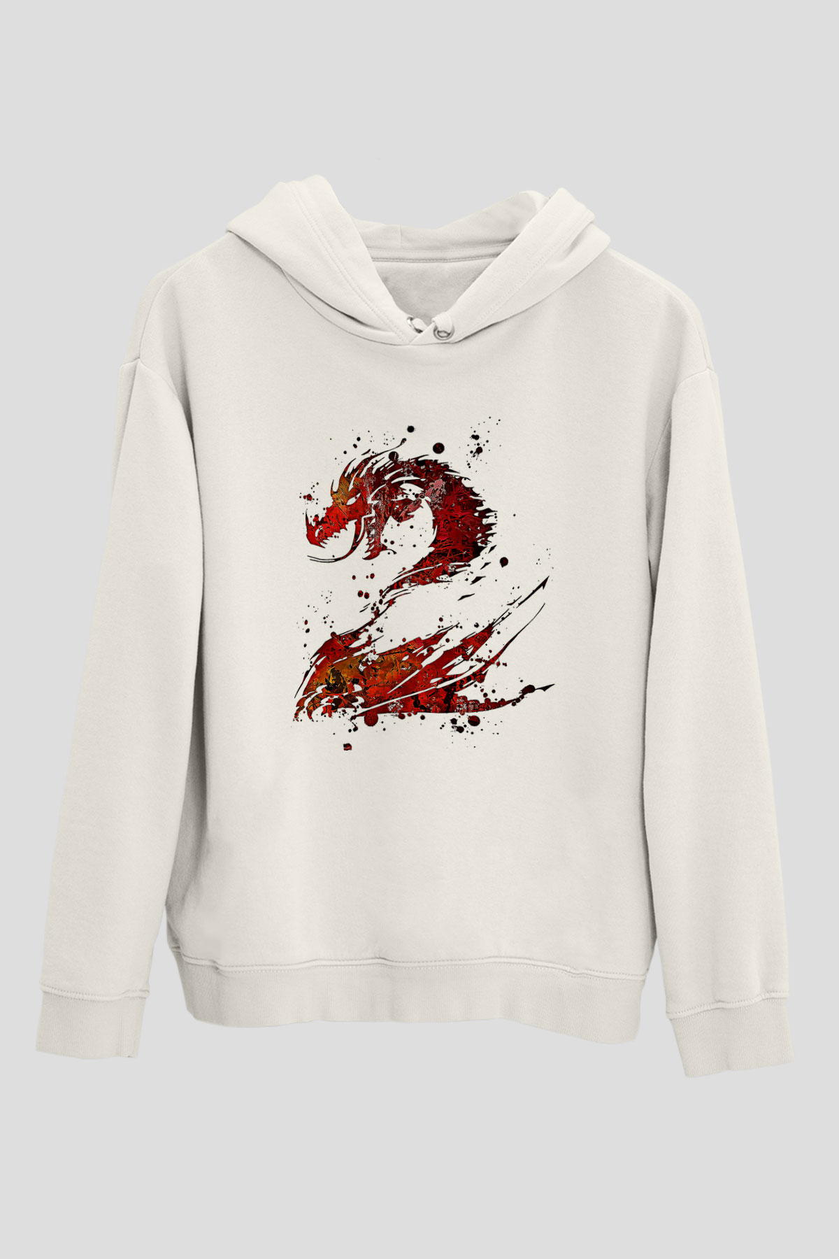 Ejderha Baskılı Beyaz Unisex Hoodie