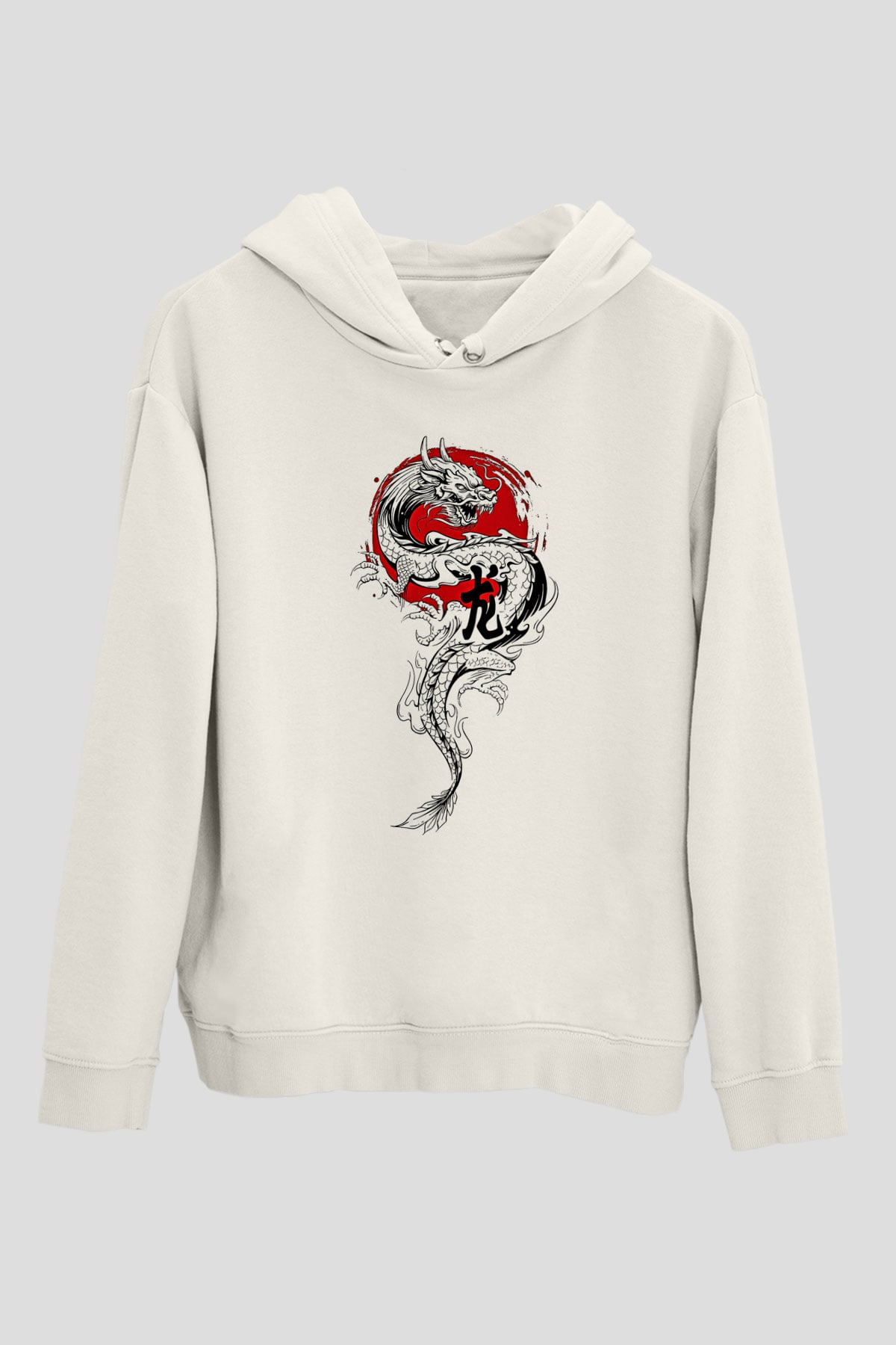 Ejderha Baskılı Beyaz Unisex Hoodie
