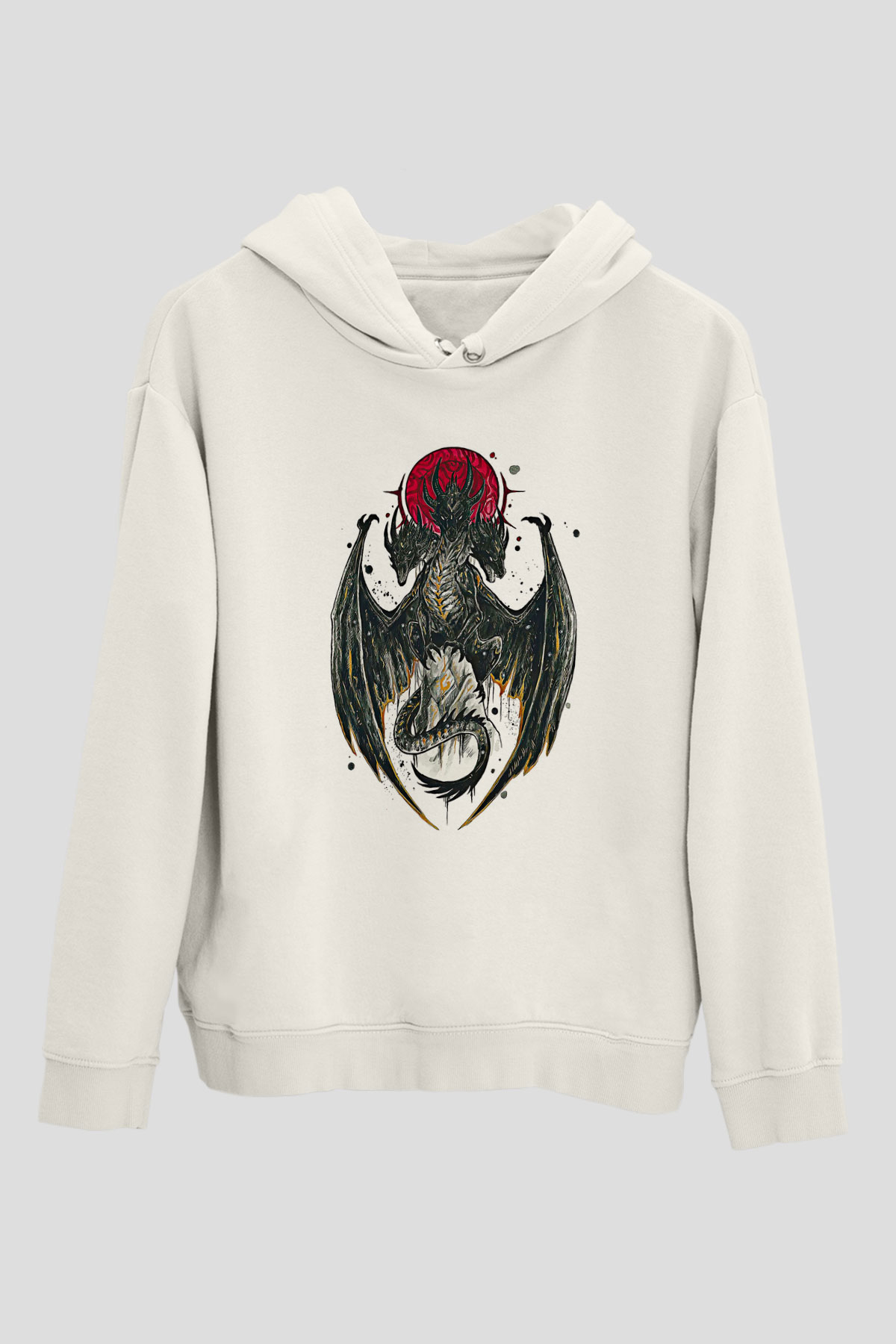 Ejderha Baskılı Beyaz Unisex Hoodie
