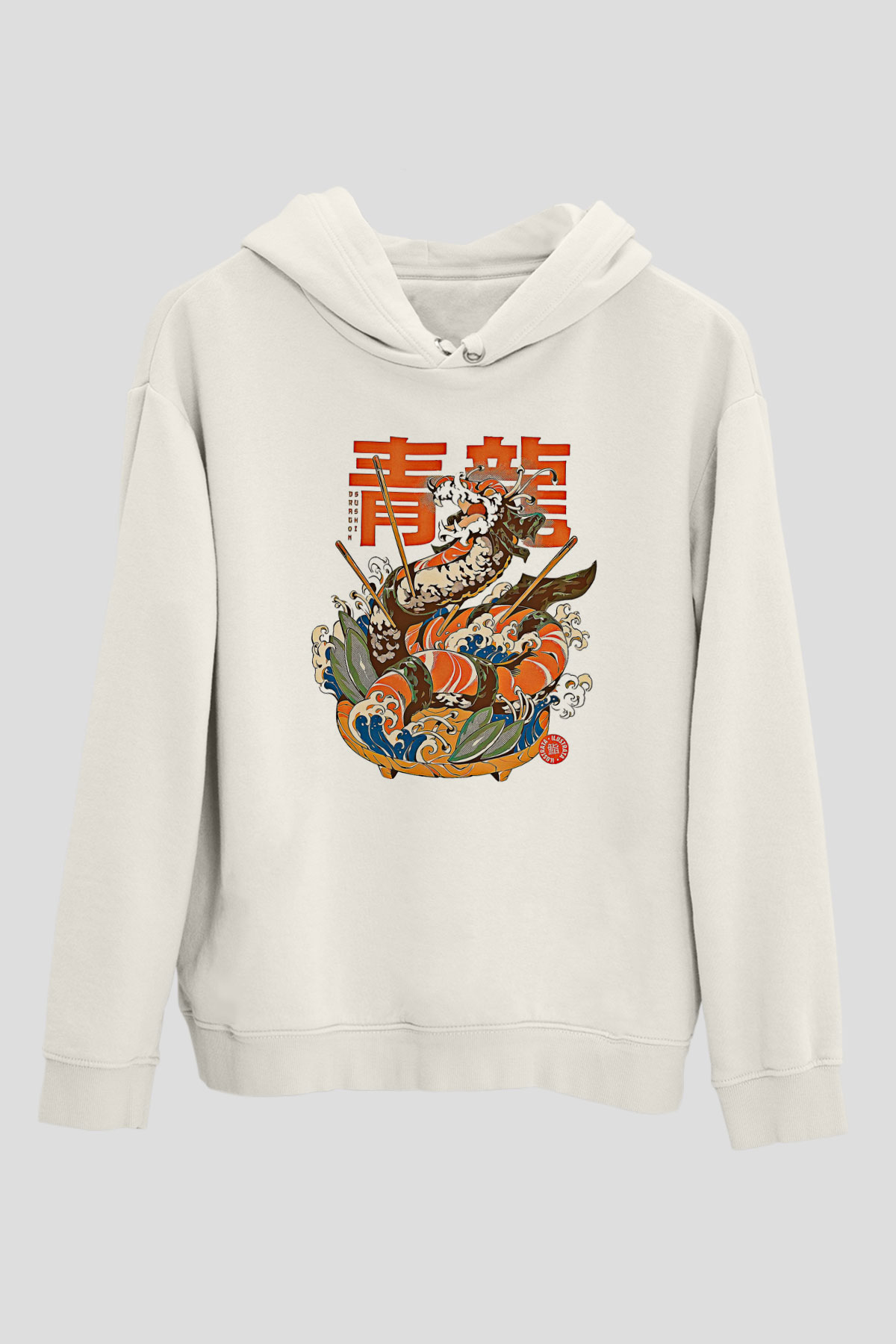 Ejderha Baskılı Beyaz Unisex Hoodie