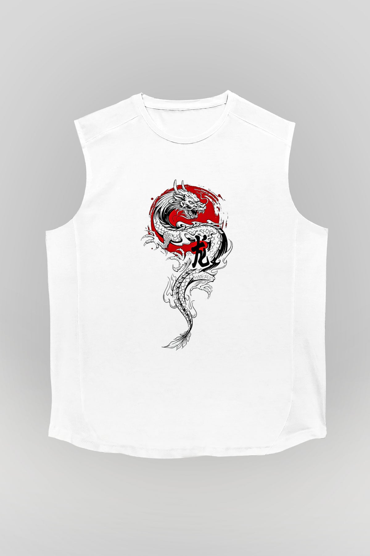 Ejderha Baskılı Beyaz Unisex Kolsuz Tişört - Tshirt