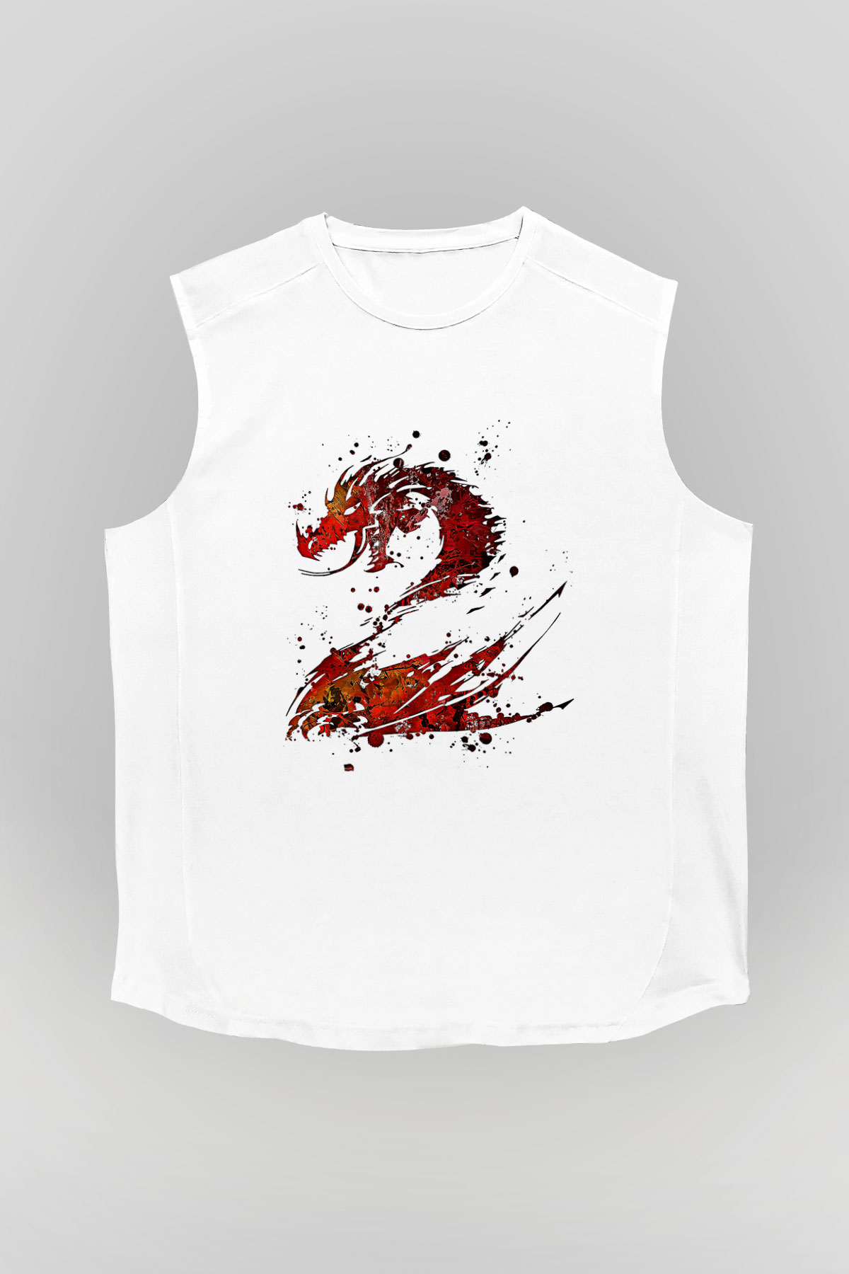 Ejderha Baskılı Beyaz Unisex Kolsuz Tişört - Tshirt